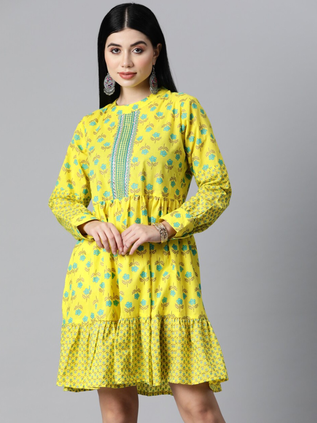 

JC4U Floral Printed Cuff Sleeves Cotton Fit & Flare Ethnic Dress, Yellow