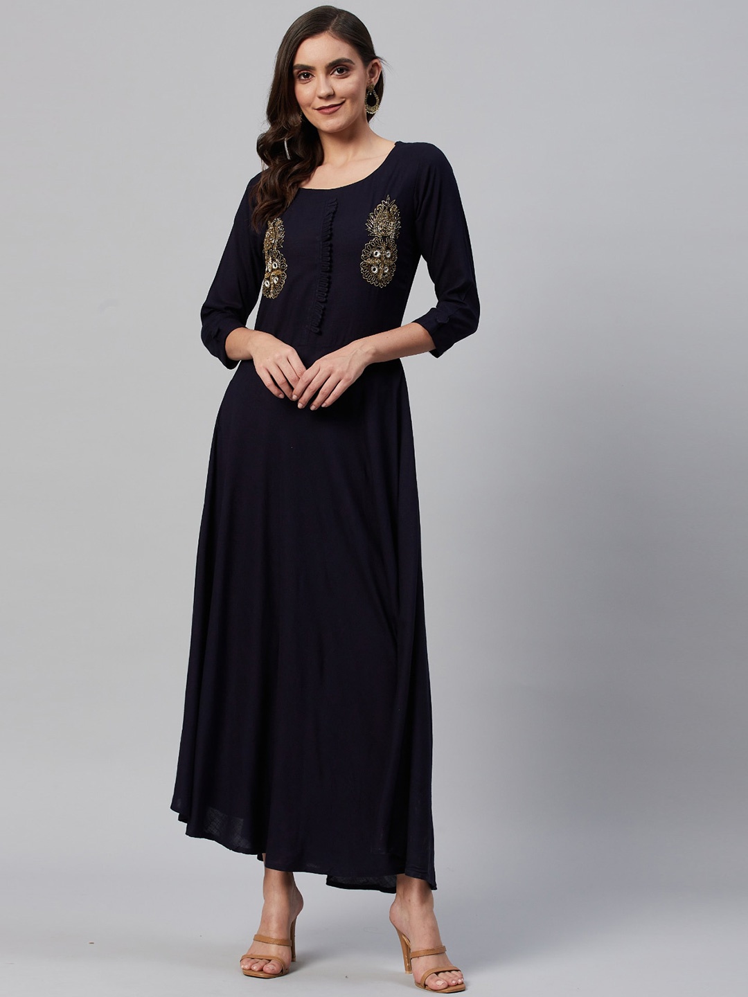 

JC4U Floral Embroidered Maxi Ethnic Dress, Navy blue