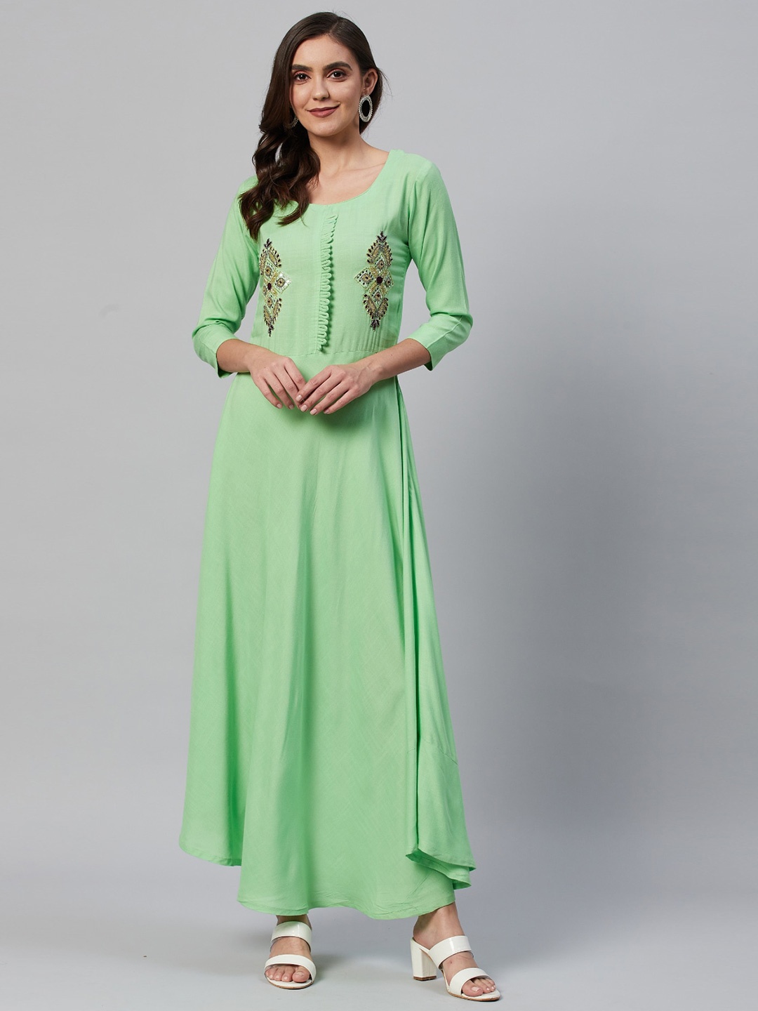 

JC4U Floral Embroidered Maxi Ethnic Dress, Sea green