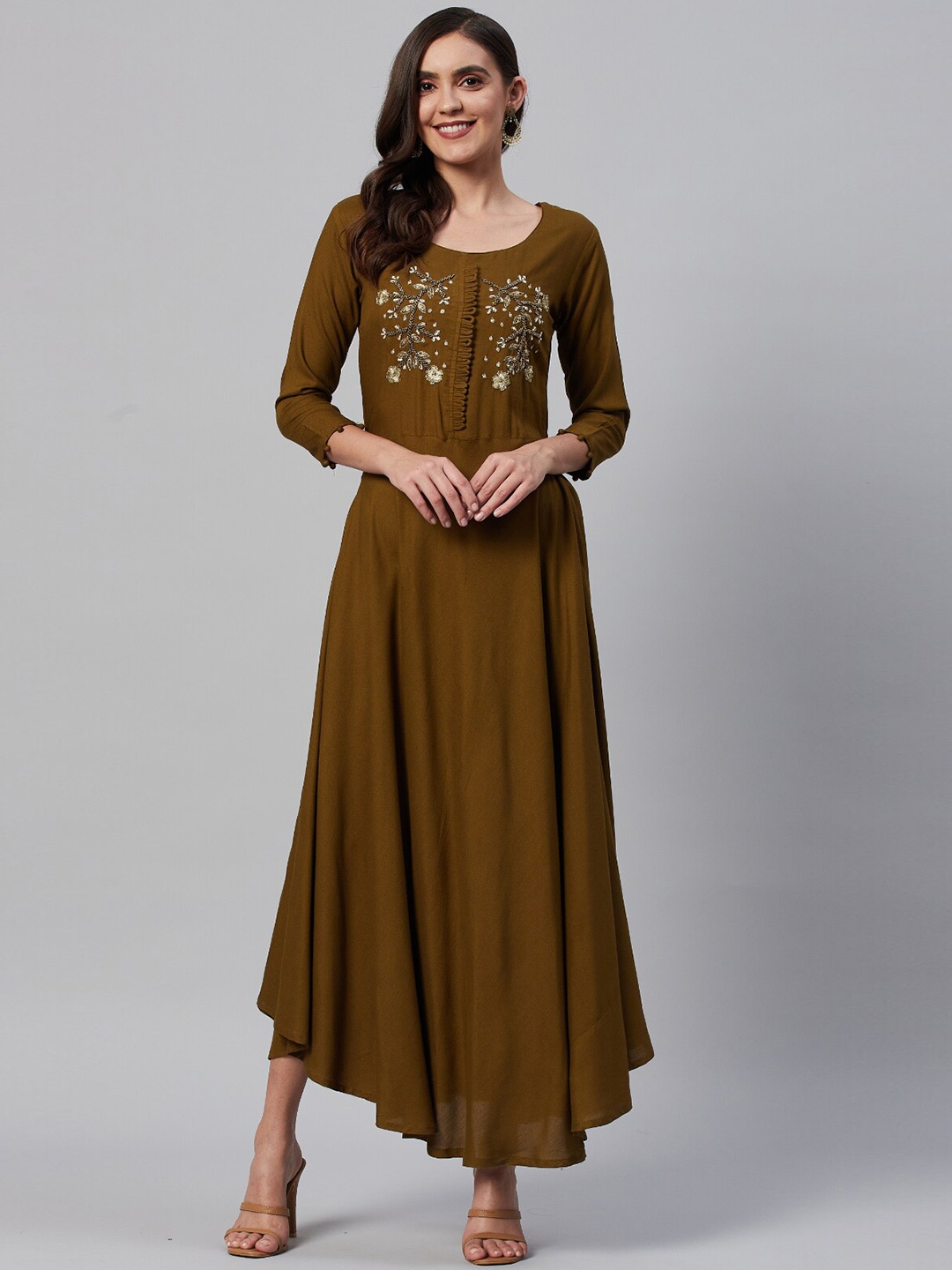 

JC4U Floral Embroidered Maxi Ethnic Dress, Olive