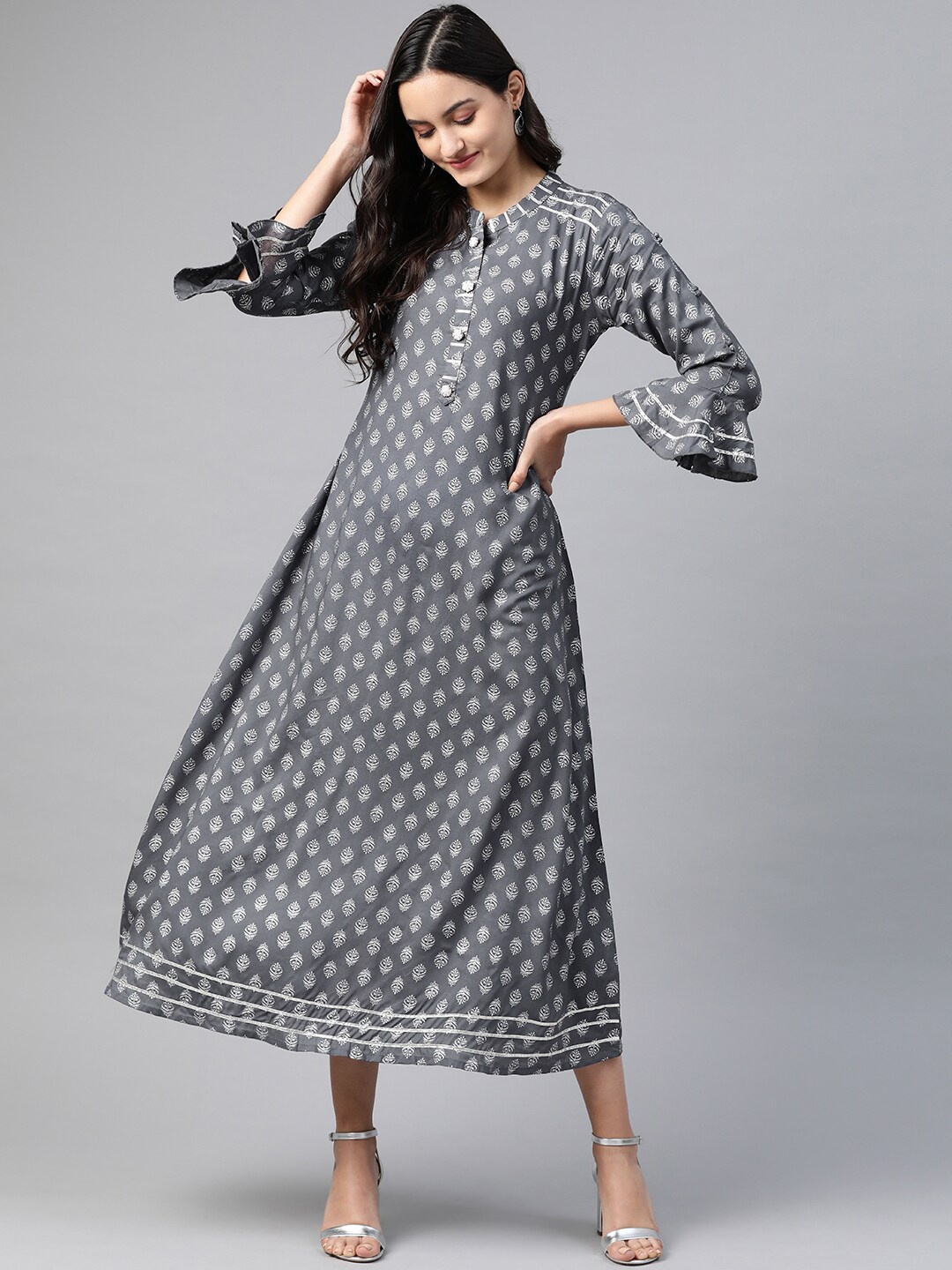 

JC4U Ethnic Motifs Printed Mandarin Collar Bell Sleeves A-Line Midi Dress, Grey
