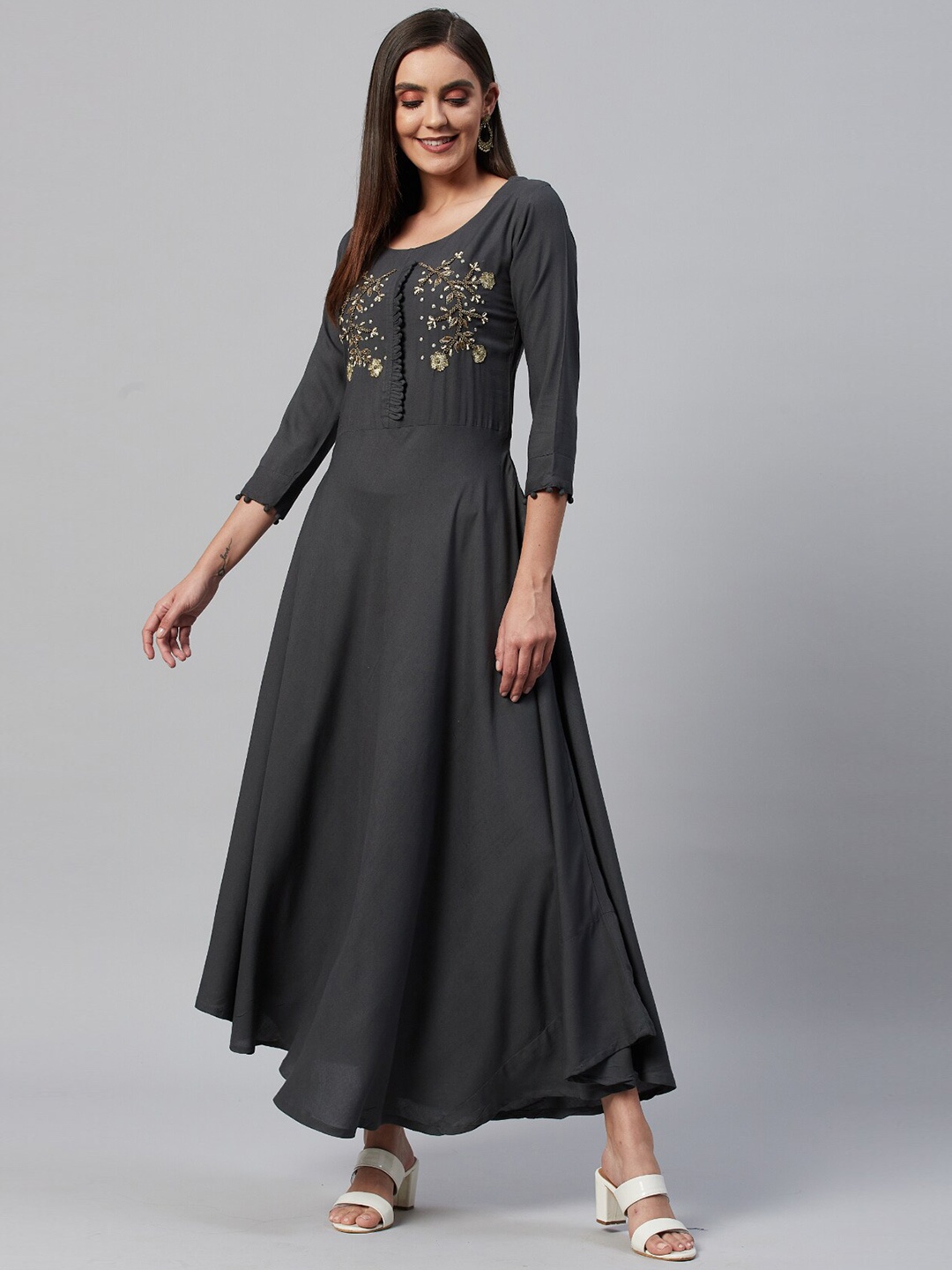 

JC4U Floral Embellished Fit and Flare Maxi Ethnic Dress, Grey