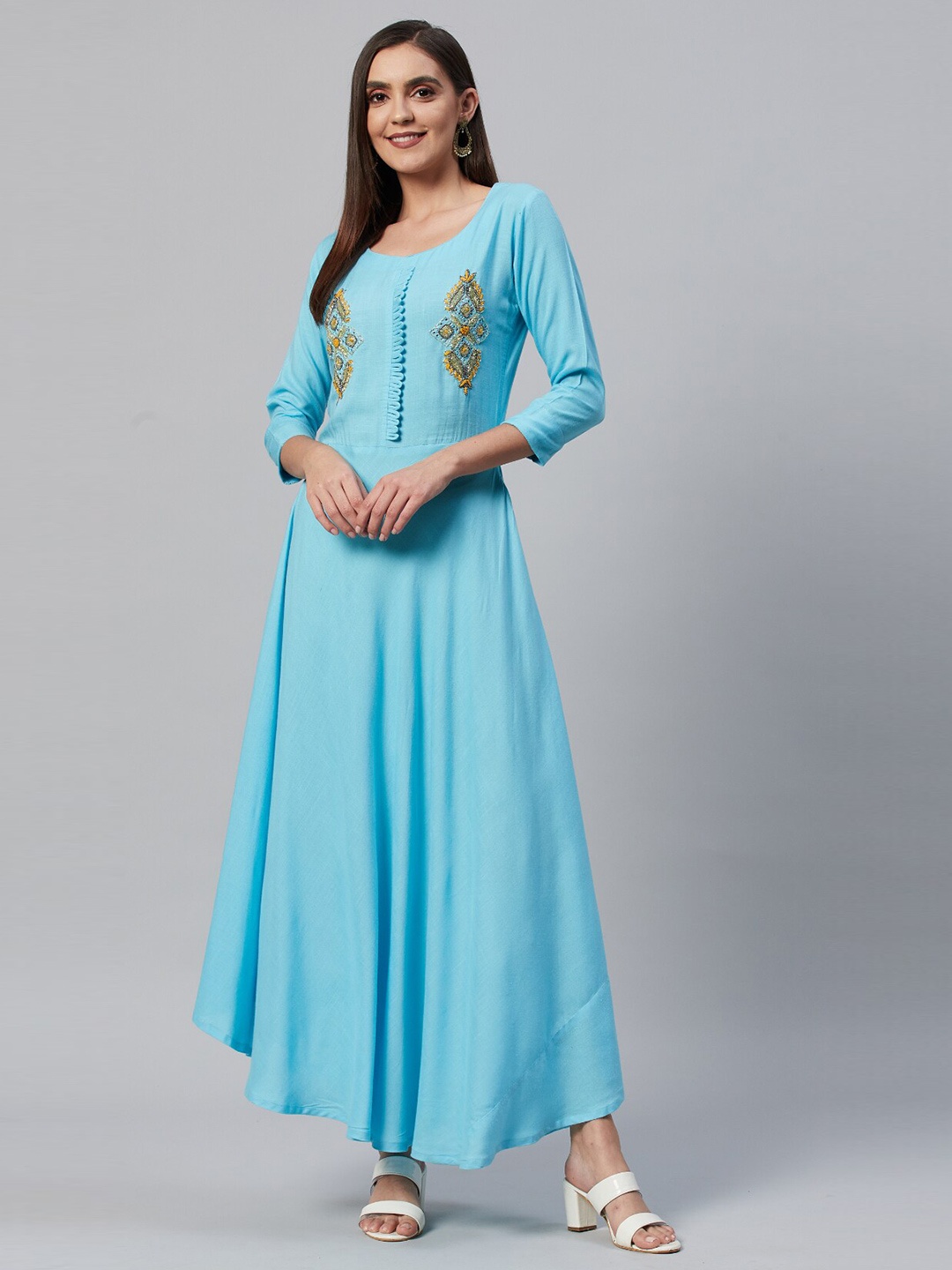 

JC4U Floral Embellished Fit and Flare Maxi Ethnic Dress, Blue