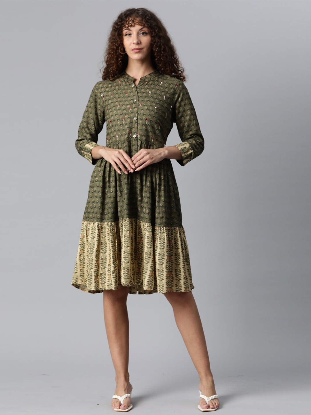 

JC4U Ethnic Motifs Printed Mandarin Collar Fit and Flare Ethnic Dress, Green
