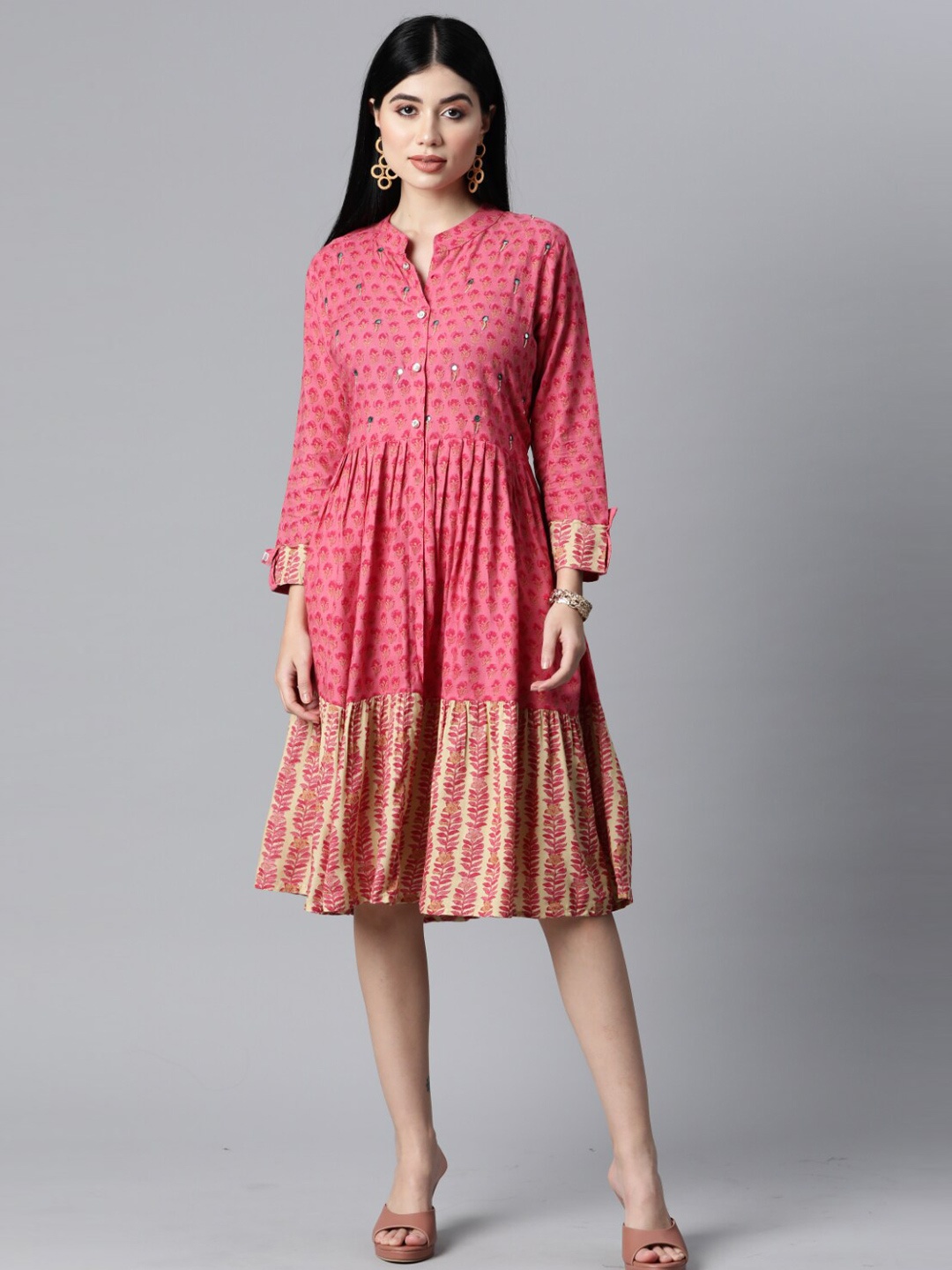 

JC4U Ethnic Motifs Printed Mandarin Collar Fit and Flare Ethnic Dress, Pink