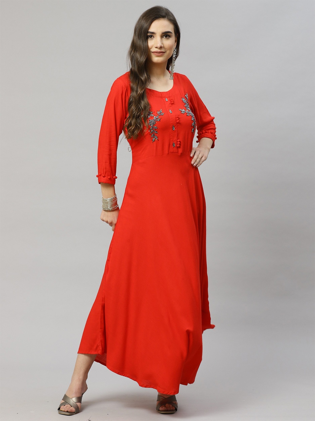 JC4U Floral Embellished Fit and Flare Maxi Ethnic Dress, Red