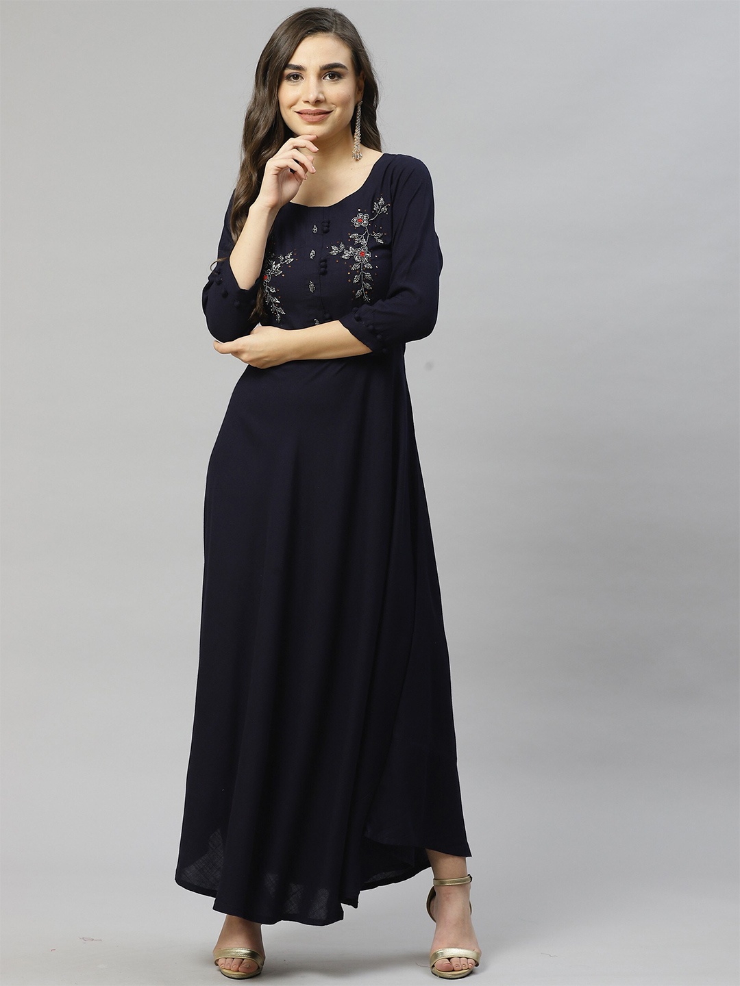 

JC4U Floral Embellished Fit and Flare Maxi Ethnic Dress, Navy blue