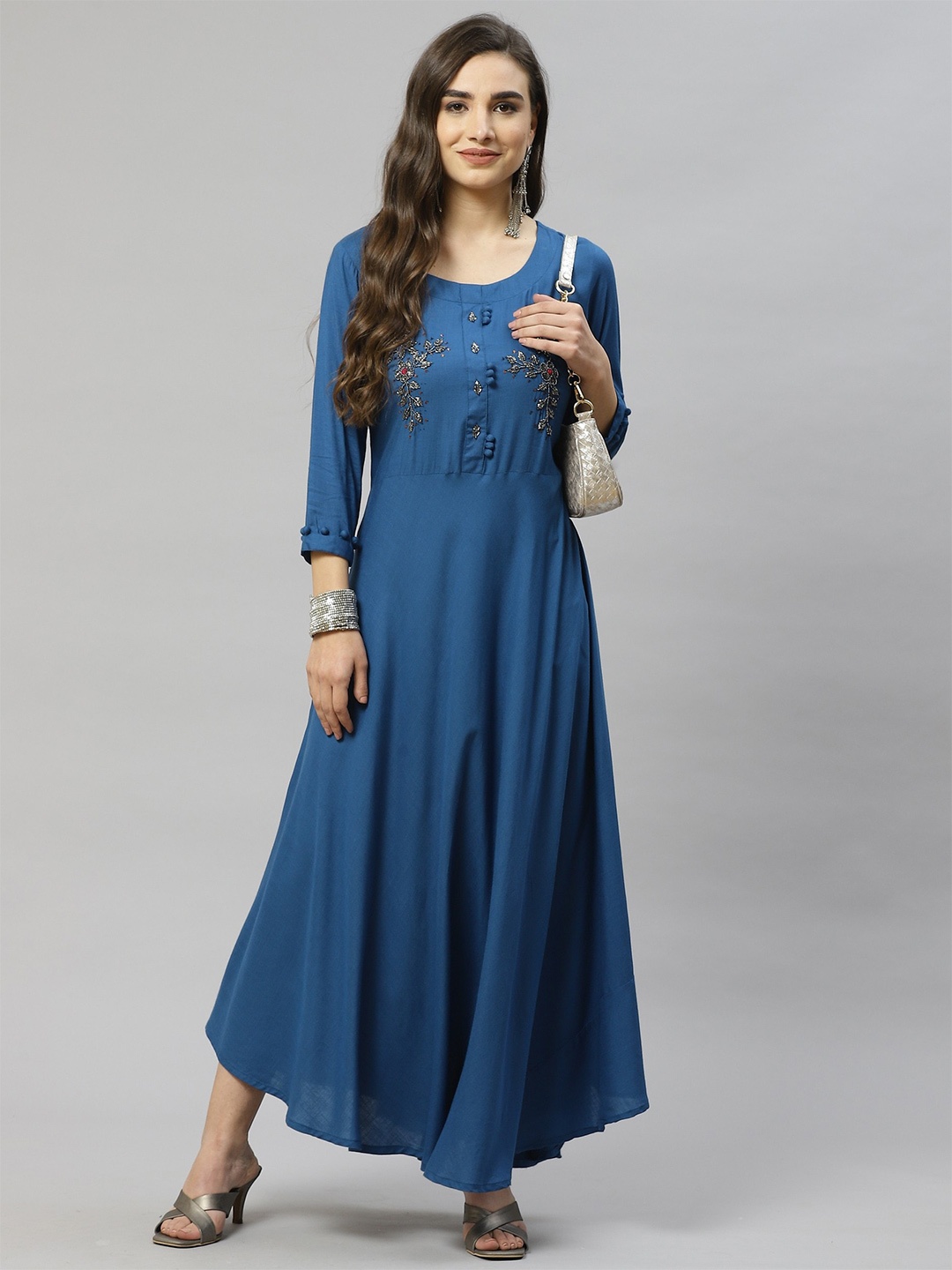 

JC4U Floral Embroidered Embellished Maxi Ethnic Dress, Teal