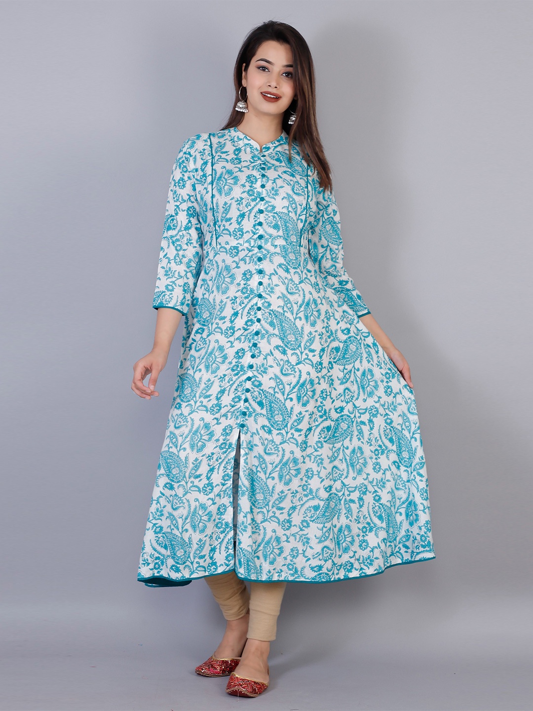 

JC4U Floral Printed Mandarin Collar A-Line Kurta, Blue