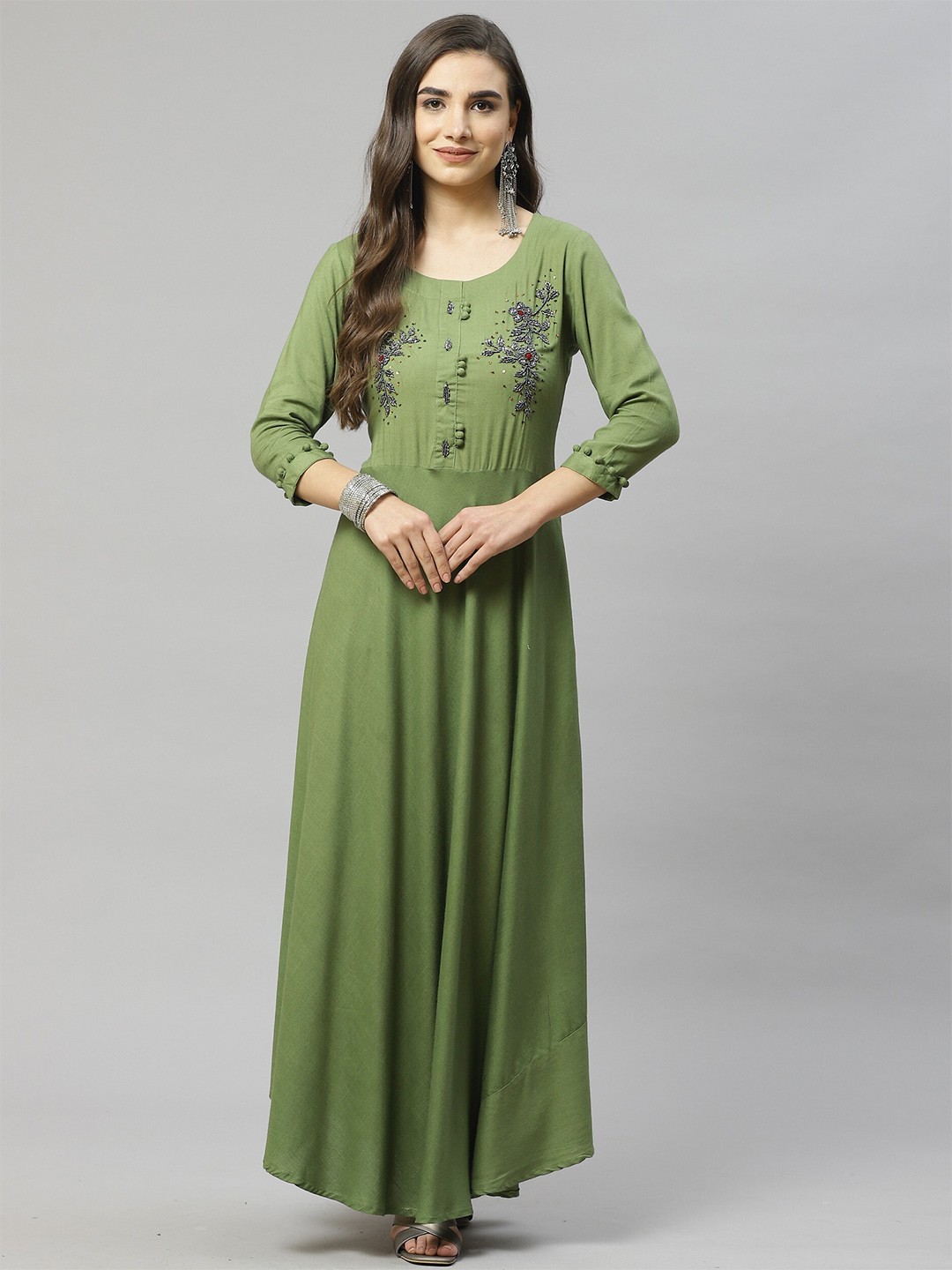 

JC4U Floral Embroidered Embellished Maxi Ethnic Dress, Green