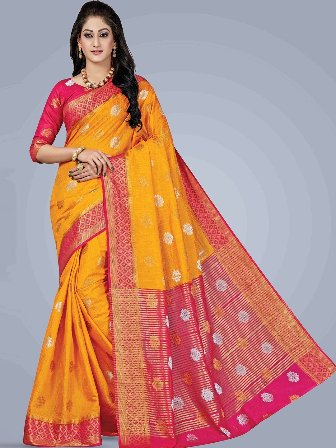 

MAGMINA Ethnic Motif Woven Design Zari Kanjeevaram Saree, Mustard
