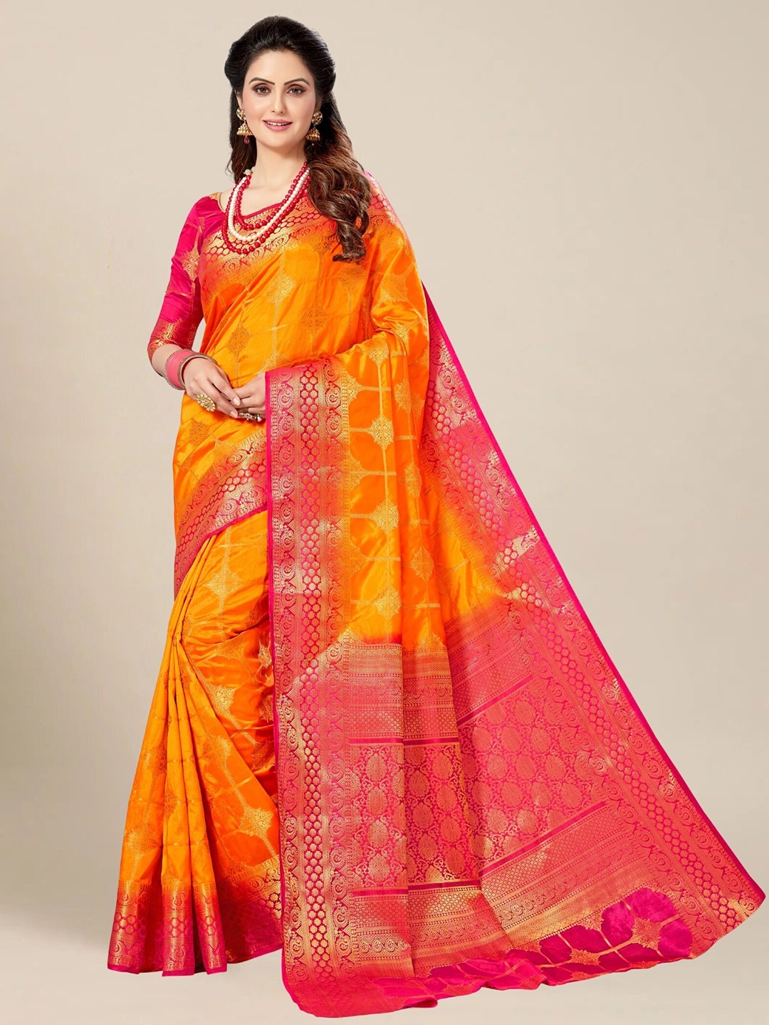 

MAGMINA Woven Design Zari Silk Blend Banarasi Saree, Mustard