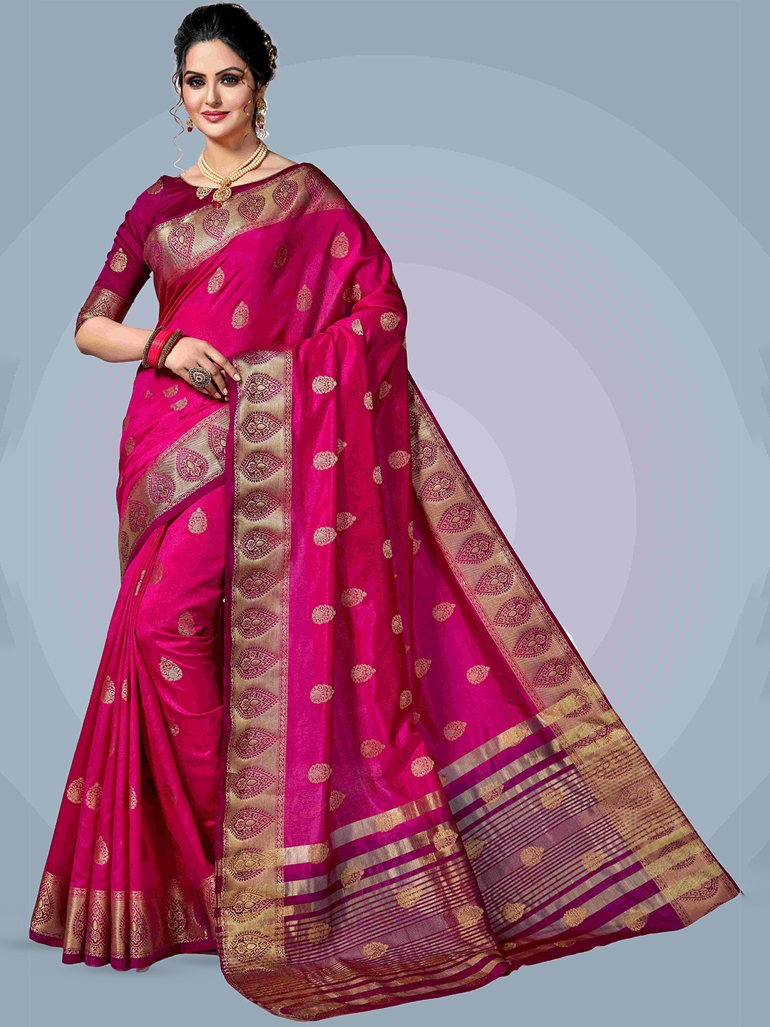 

MAGMINA Woven Design Zari Silk Blend Kanjeevaram Saree, Pink
