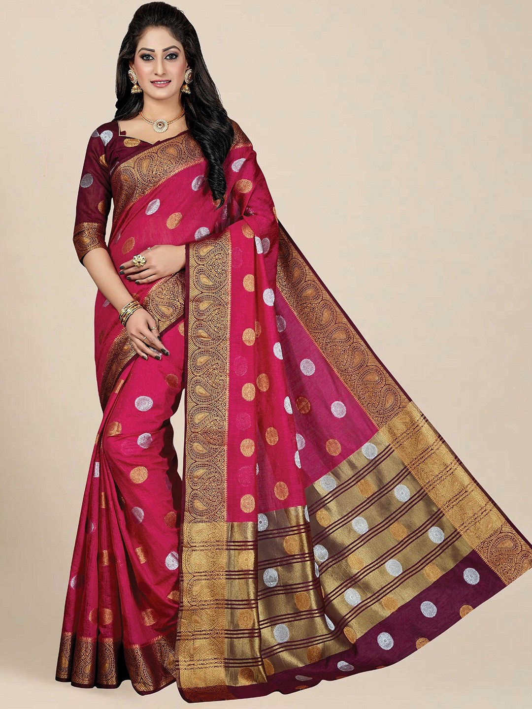 

MAGMINA Ethnic Motif Woven Design Zari Kanjeevaram Saree, Pink