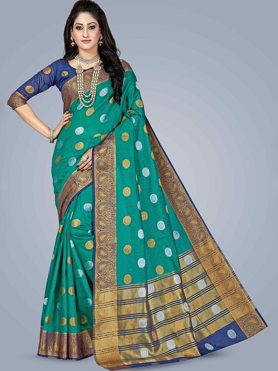 

MAGMINA Paisley Zari Silk Blend Kanjeevaram Saree, Turquoise blue
