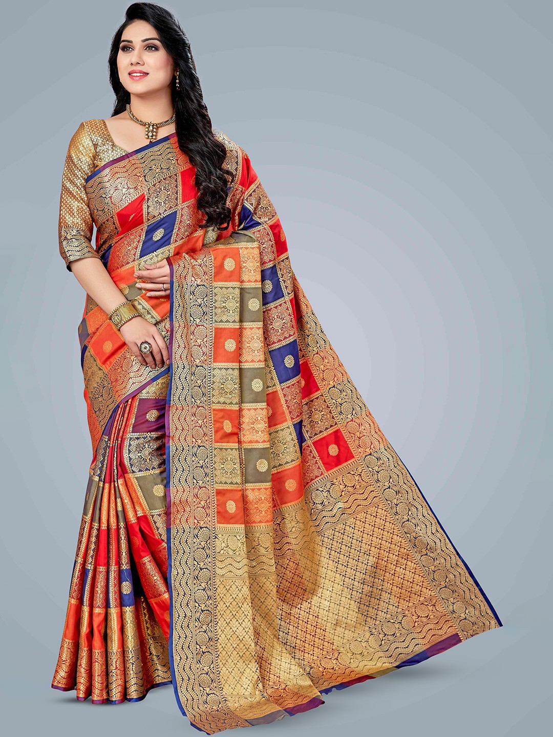 

MAGMINA Ethnic Motif Woven Design Zari Kanjeevaram Saree, Orange