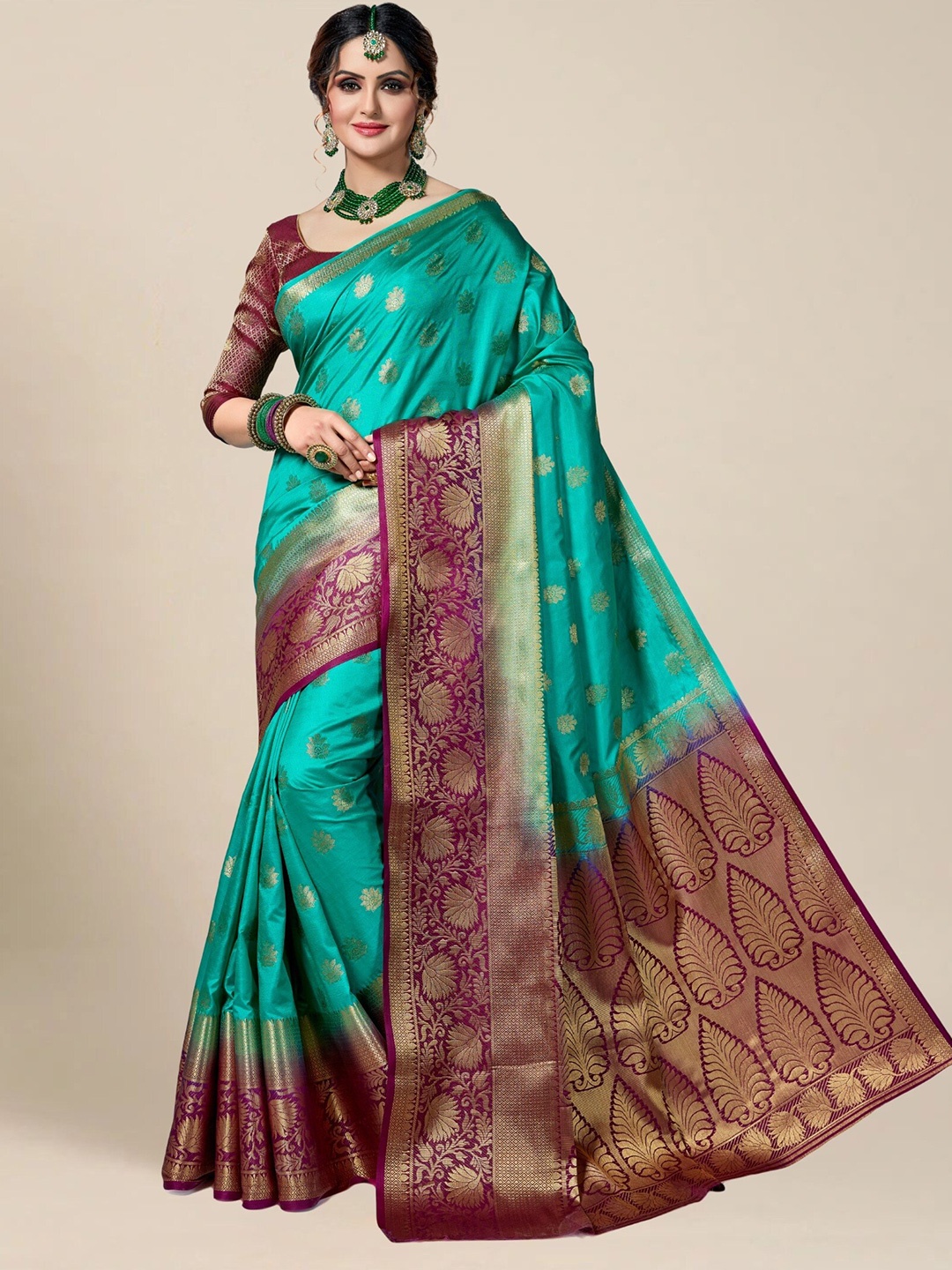 

MAGMINA Ethnic Motif Woven Design Zari Banarasi Saree, Turquoise blue