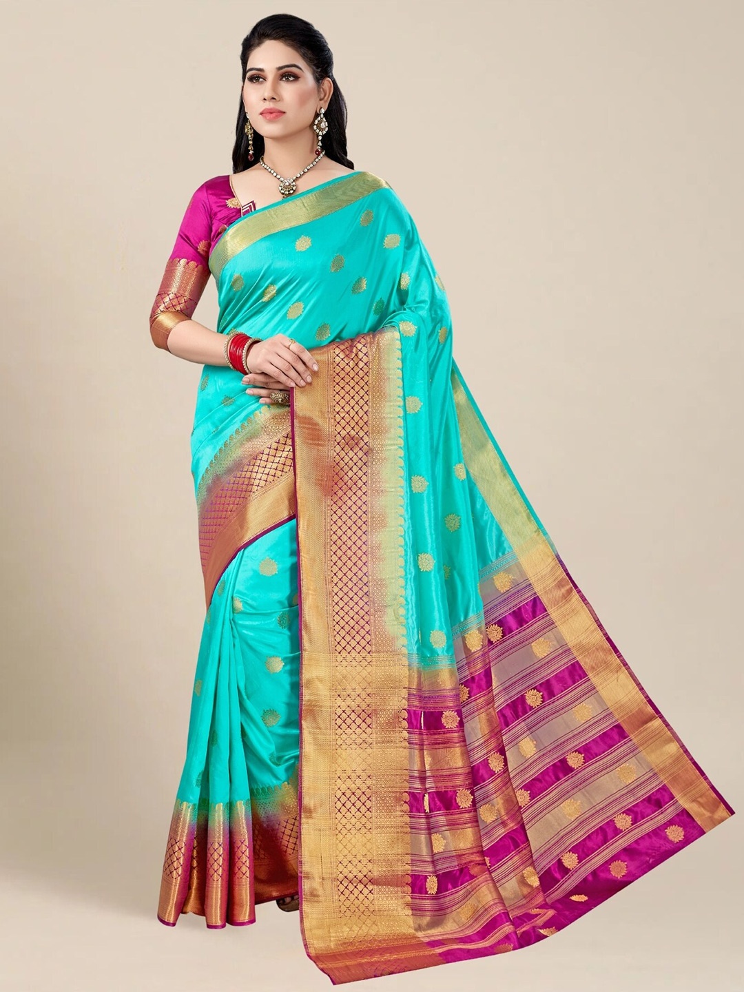 

MAGMINA Ethnic Motif Woven Design Zari Kanjeevaram Saree, Turquoise blue