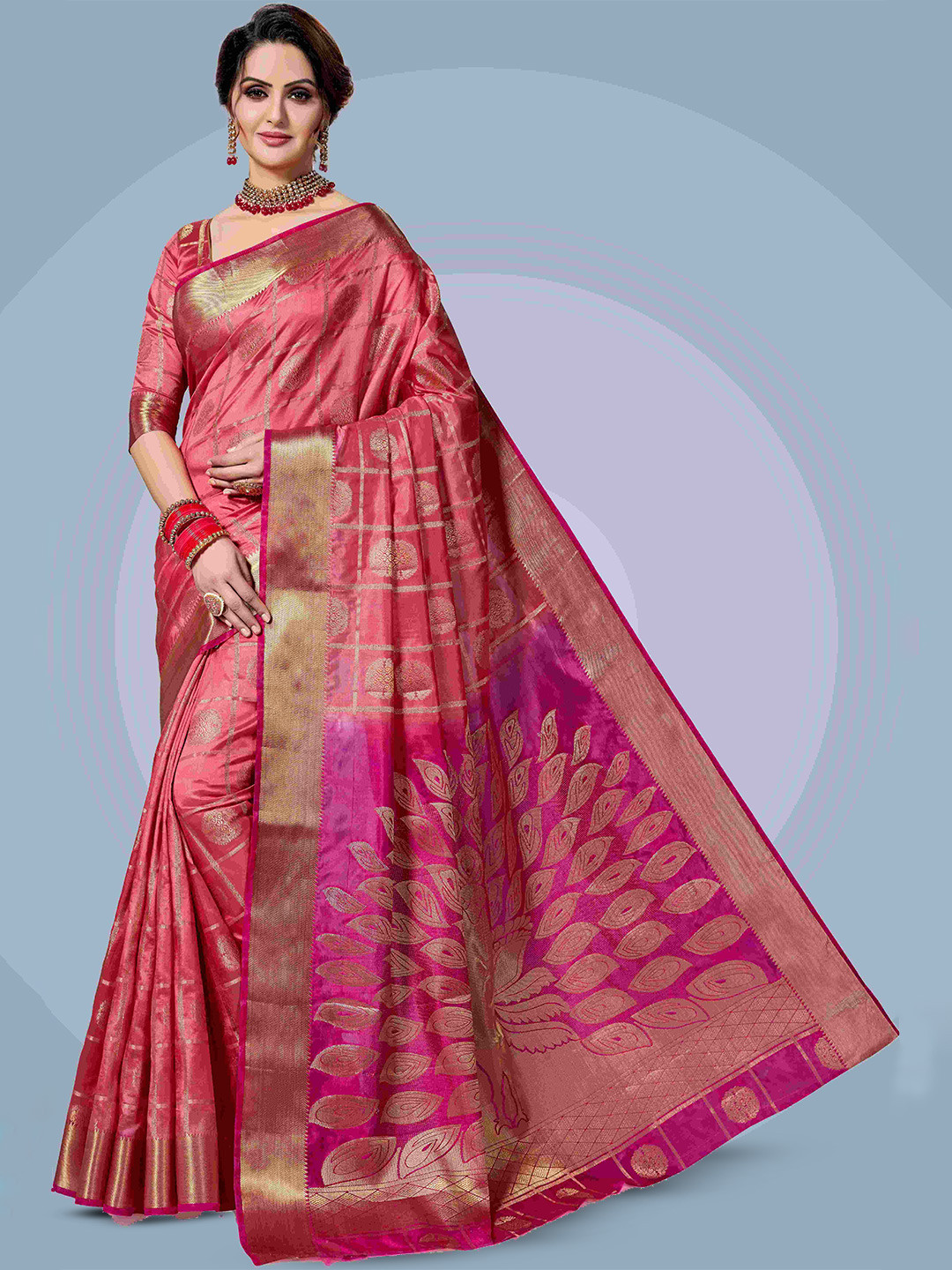 

MAGMINA Ethnic Motif Woven Design Zari Banarasi Saree, Pink