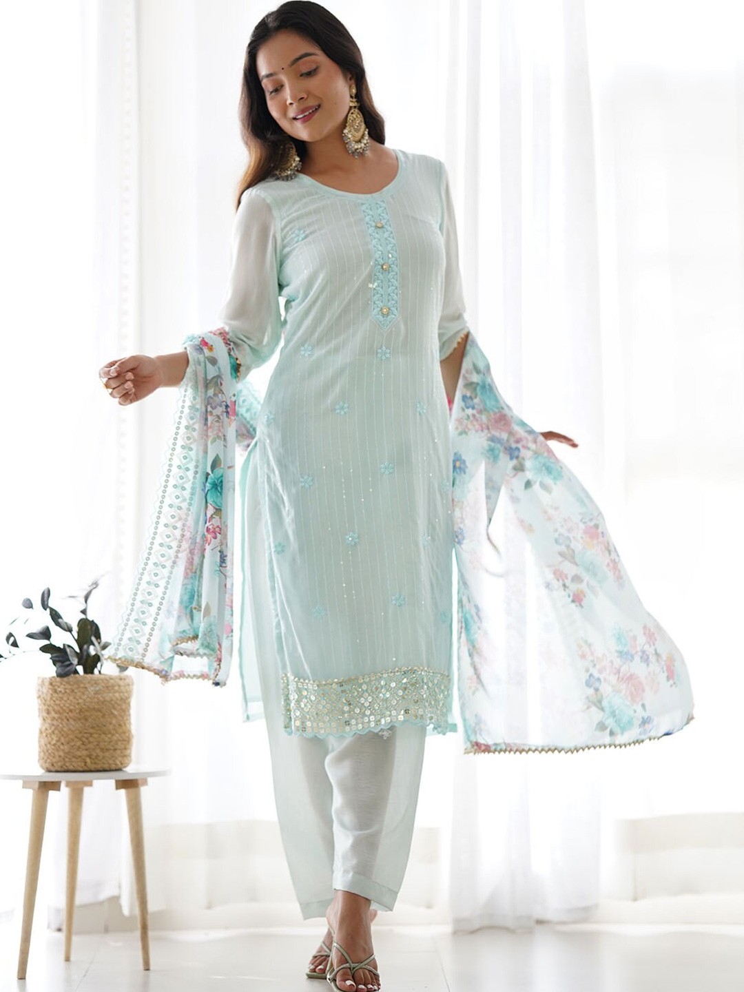 

APPLIX STYLE Striped Embroidered Silk Georgette Unstitched Dress Material, Turquoise blue