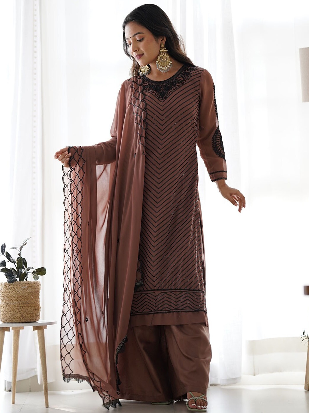 

APPLIX STYLE Embellished Sequinned Silk Georgette Unstitched Dress Material, Brown