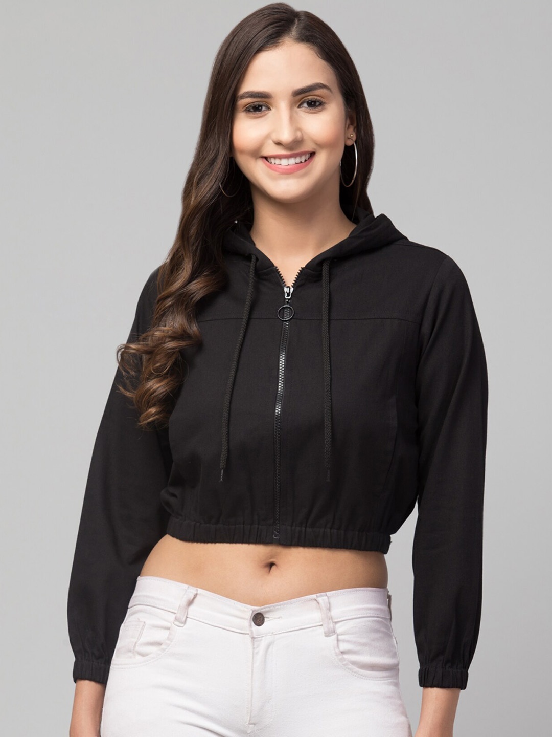 

Chemistry Hooded Cropped Cotton Open Front Jacket, Black