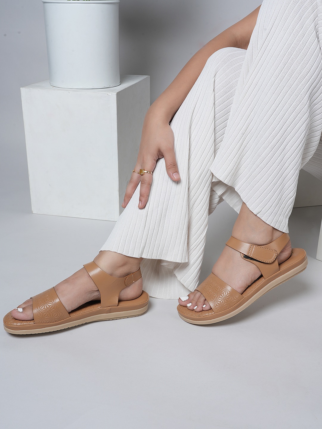 

DressBerry Tan Brown Perforated Open Toe Flats
