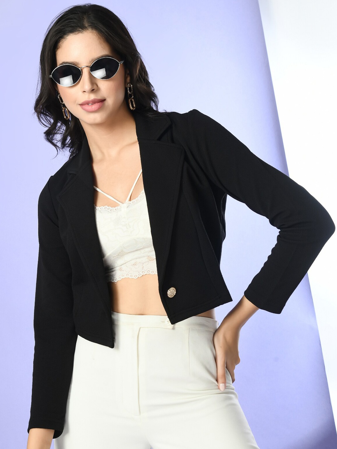 

IUGA Notched Lapel Collar Crop Button Shrug, Black
