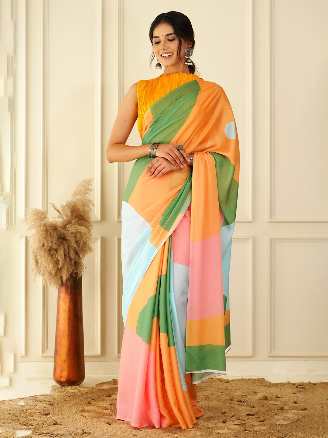 

Mitera Orange & Green Colourblocked Pure Georgette Saree