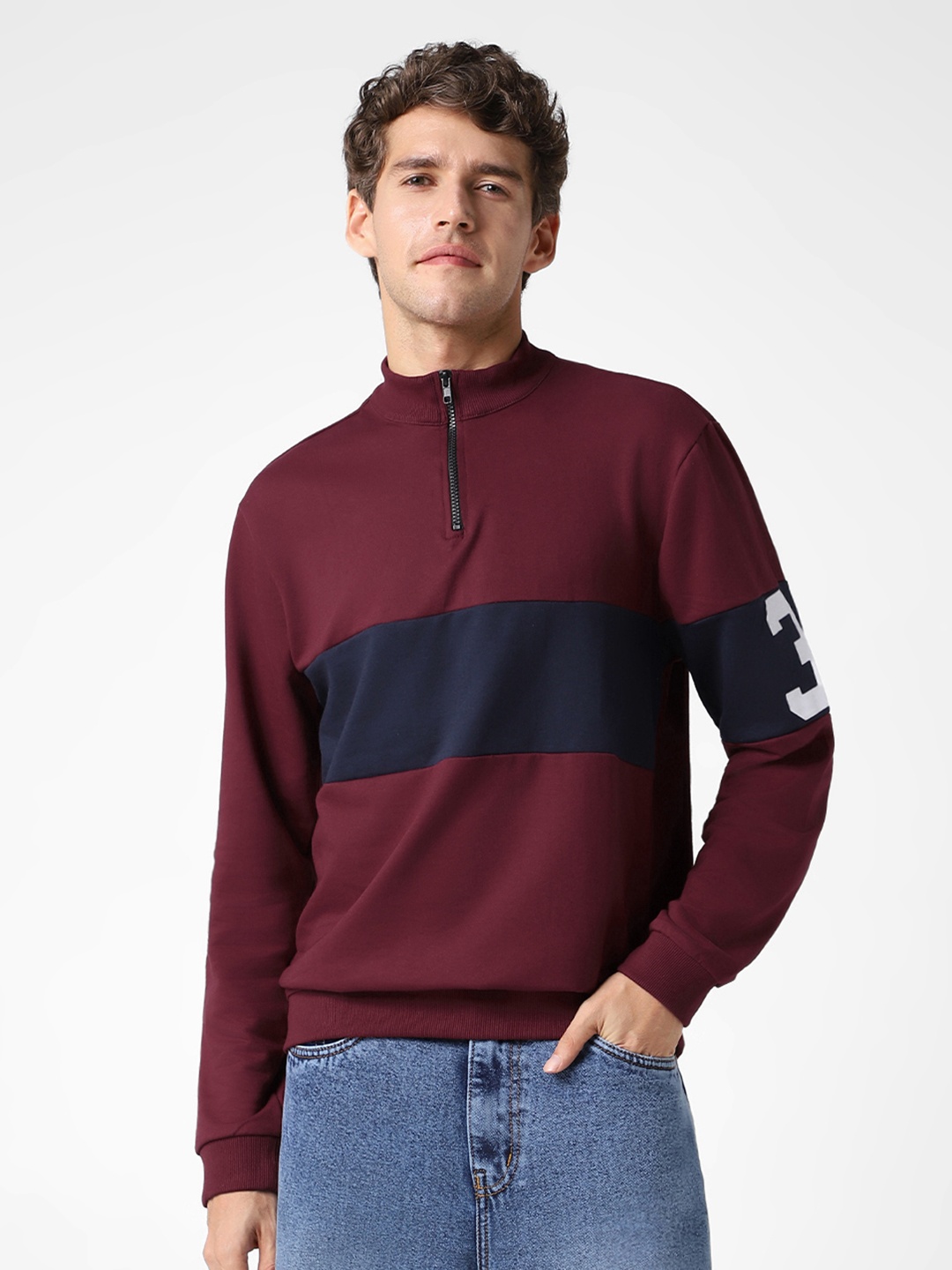 

Urbano Fashion Colourblocked Cotton Round Neck Sweatshirt, Maroon