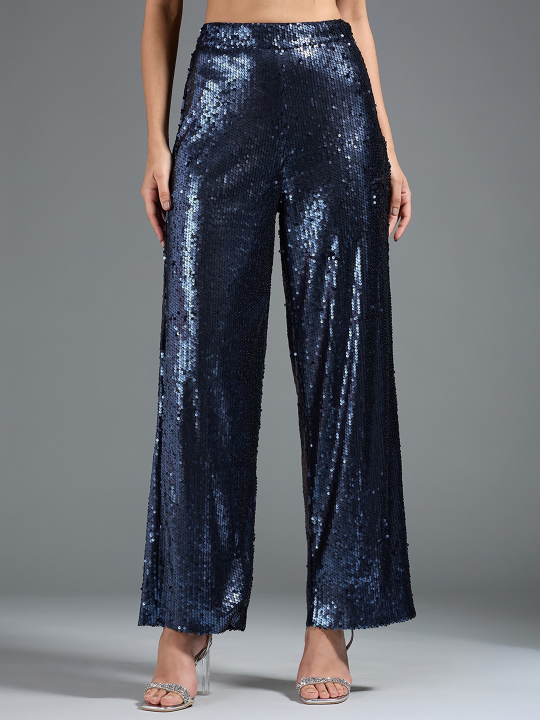 

20Dresses Women Navy Blue & Black Embellished High-Rise Parallel Trousers