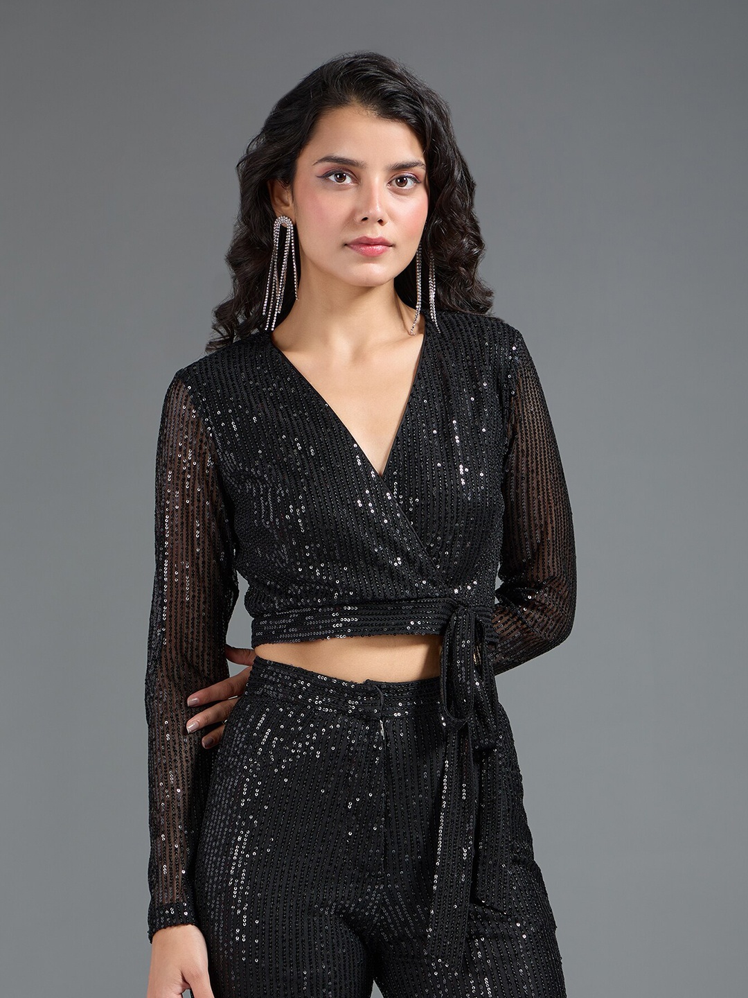 

20Dresses Black Embellished V-Neck Sequinned Wrap Crop Top