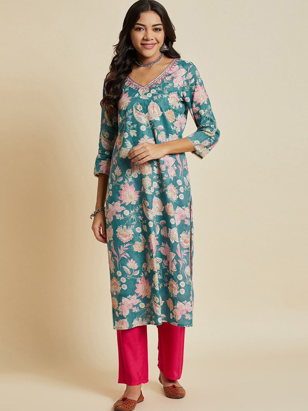 

Ramas Floral Printed V-Neck Thread Work Cotton A-Line Kurta, Blue