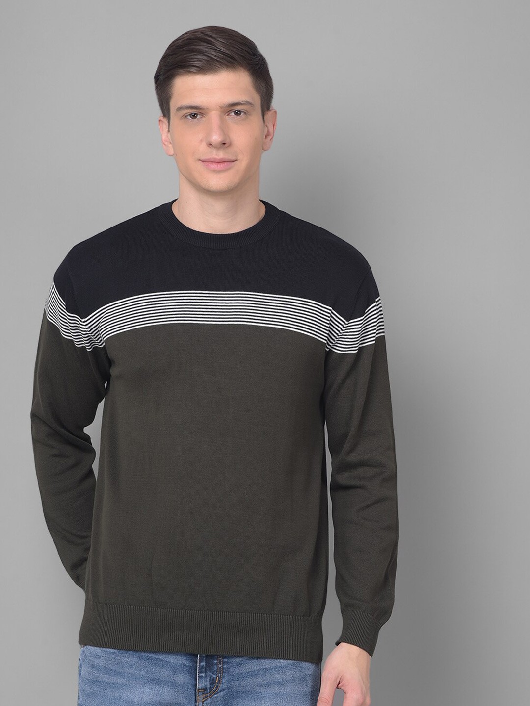 

COBB Striped Round Neck Acrylic Pullover, Olive