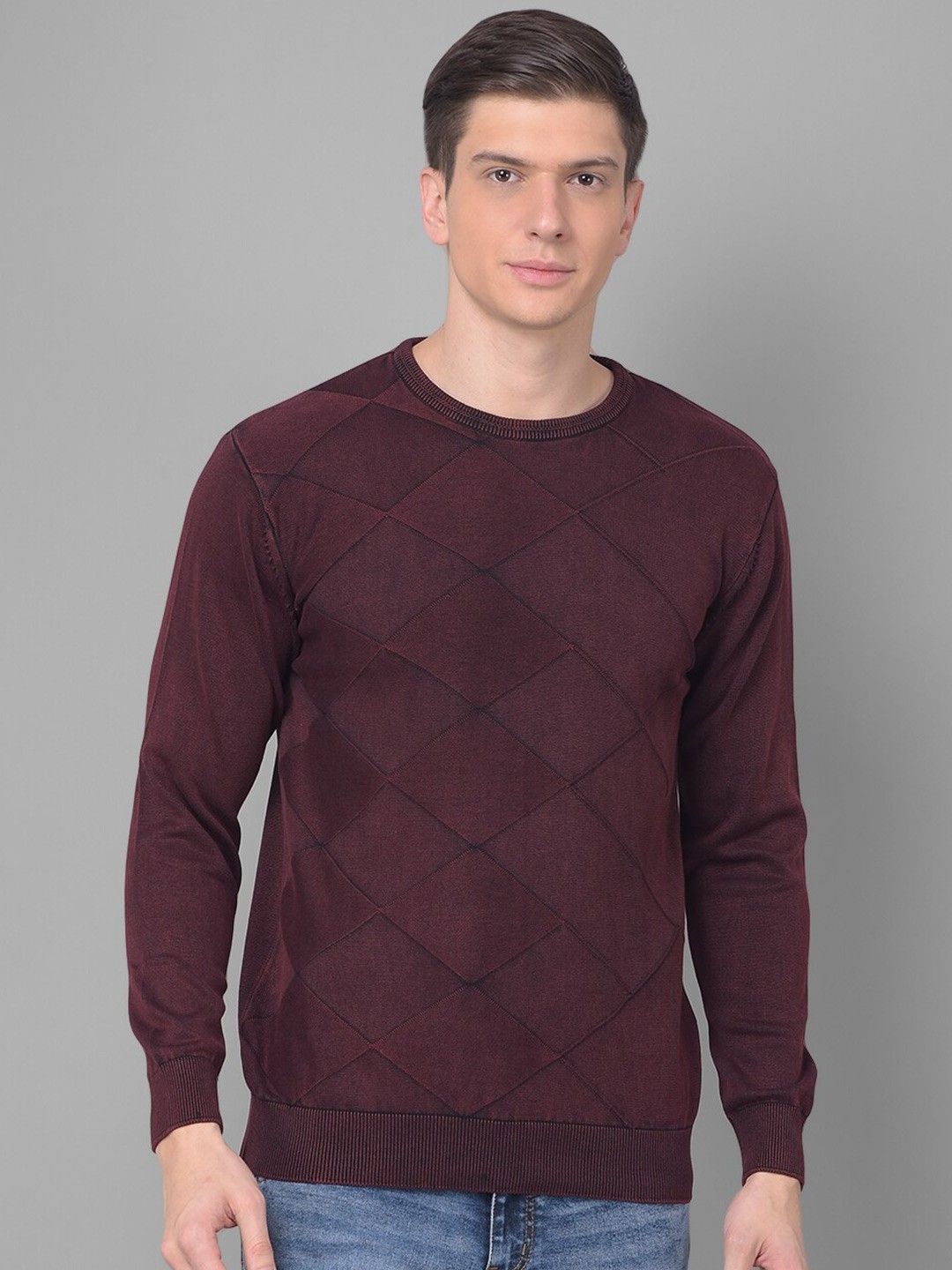 

COBB Checked Round Neck Acrylic Pullover, Burgundy
