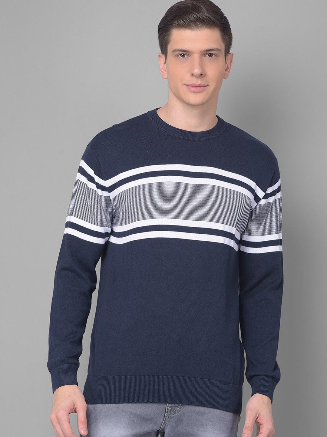 

COBB Striped Round Neck Acrylic Pullover, Navy blue