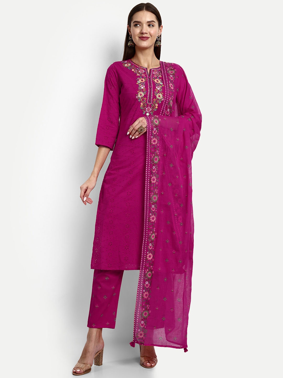 

KAVITA GUPTA Floral Embroidered Pure Cotton Kurta with Palazzos & Dupatta, Fuchsia