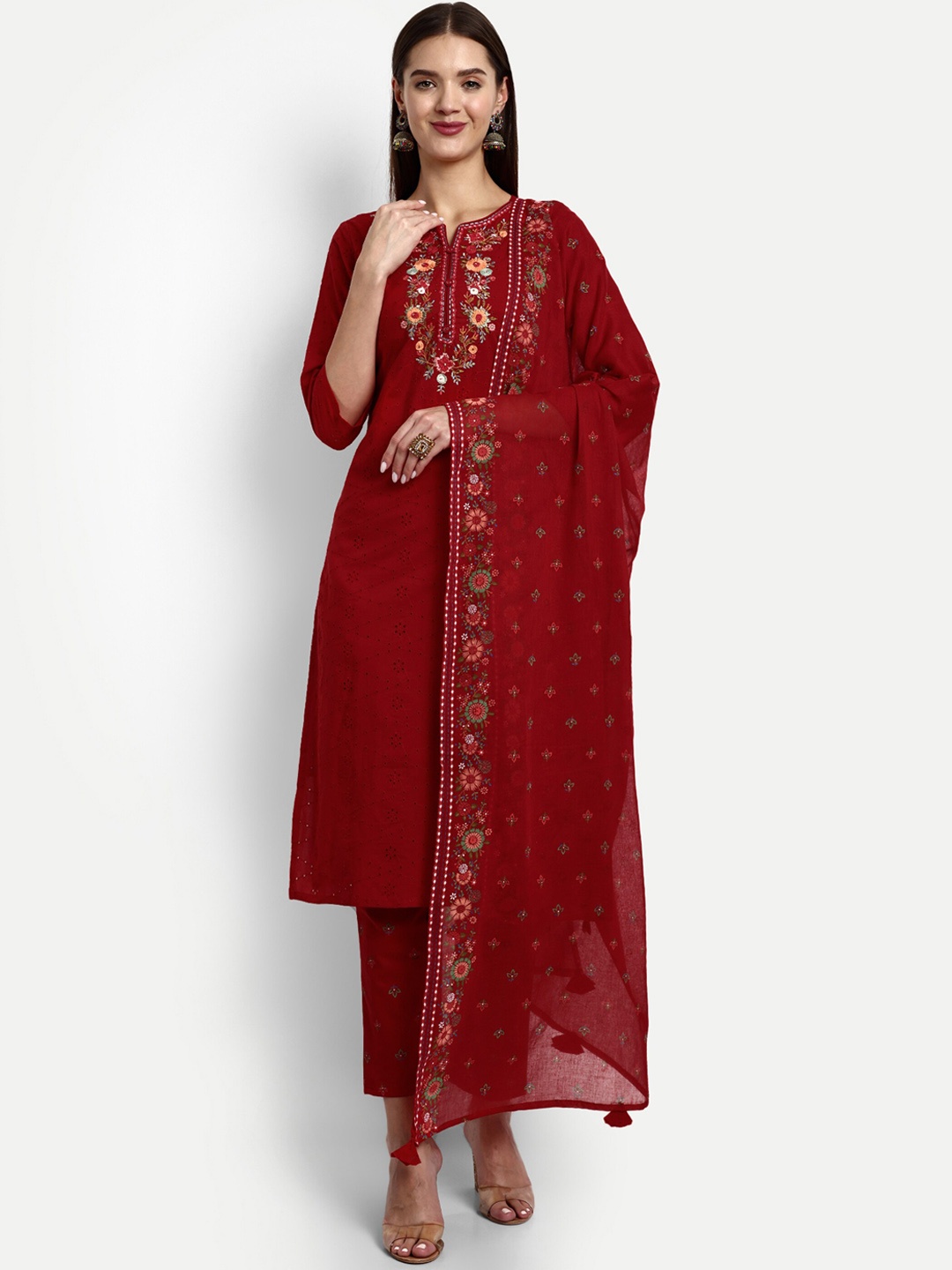 

KAVITA GUPTA Floral Yoke Design Pure Cotton Straight Kurta with Trouser & Dupatta, Red