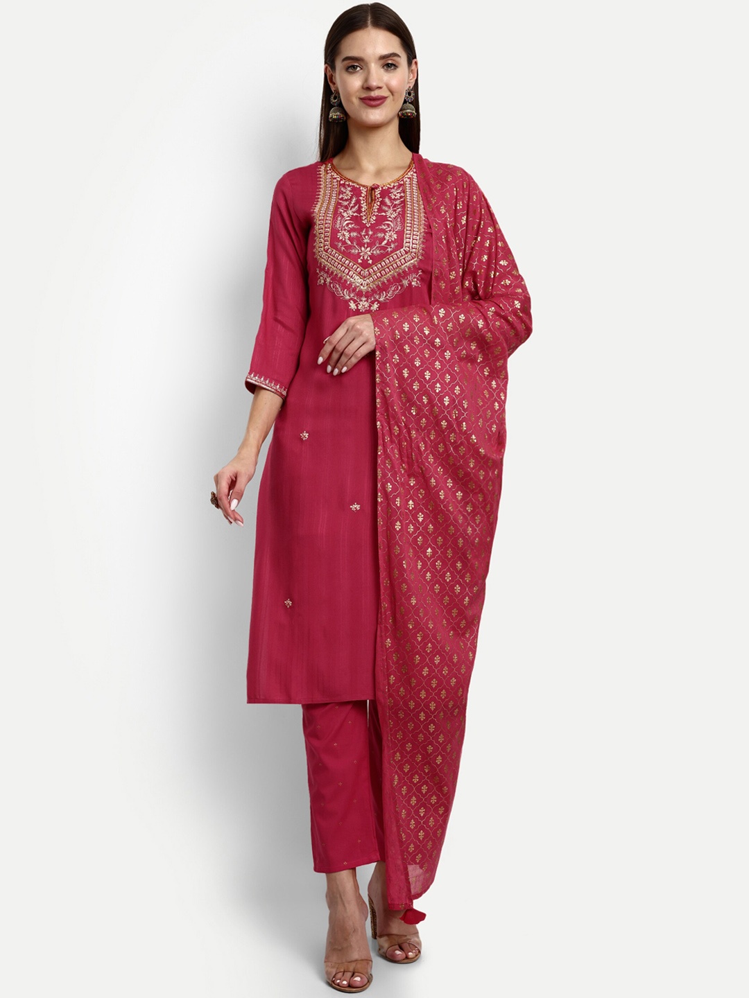 

KAVITA GUPTA Floral Embroidered Aari Work Pure Cotton Kurta with Trousers & Dupatta, Peach