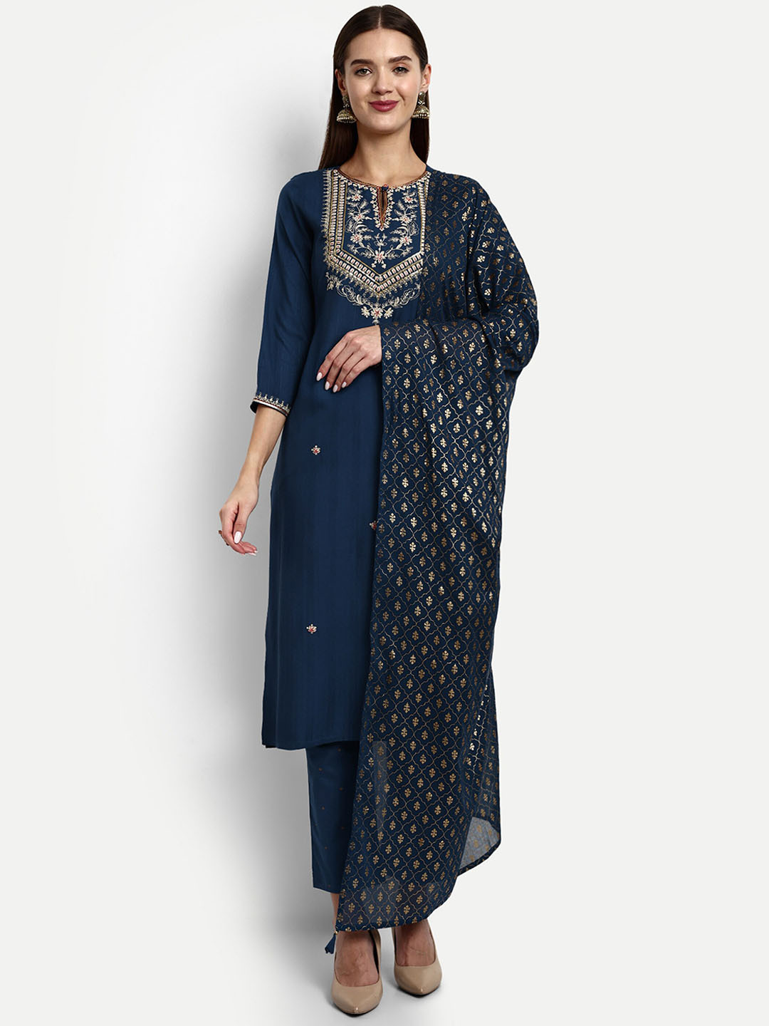 

KAVITA GUPTA Floral Embroidered Aari Work Pure Cotton Kurta with Trousers & Dupatta, Blue
