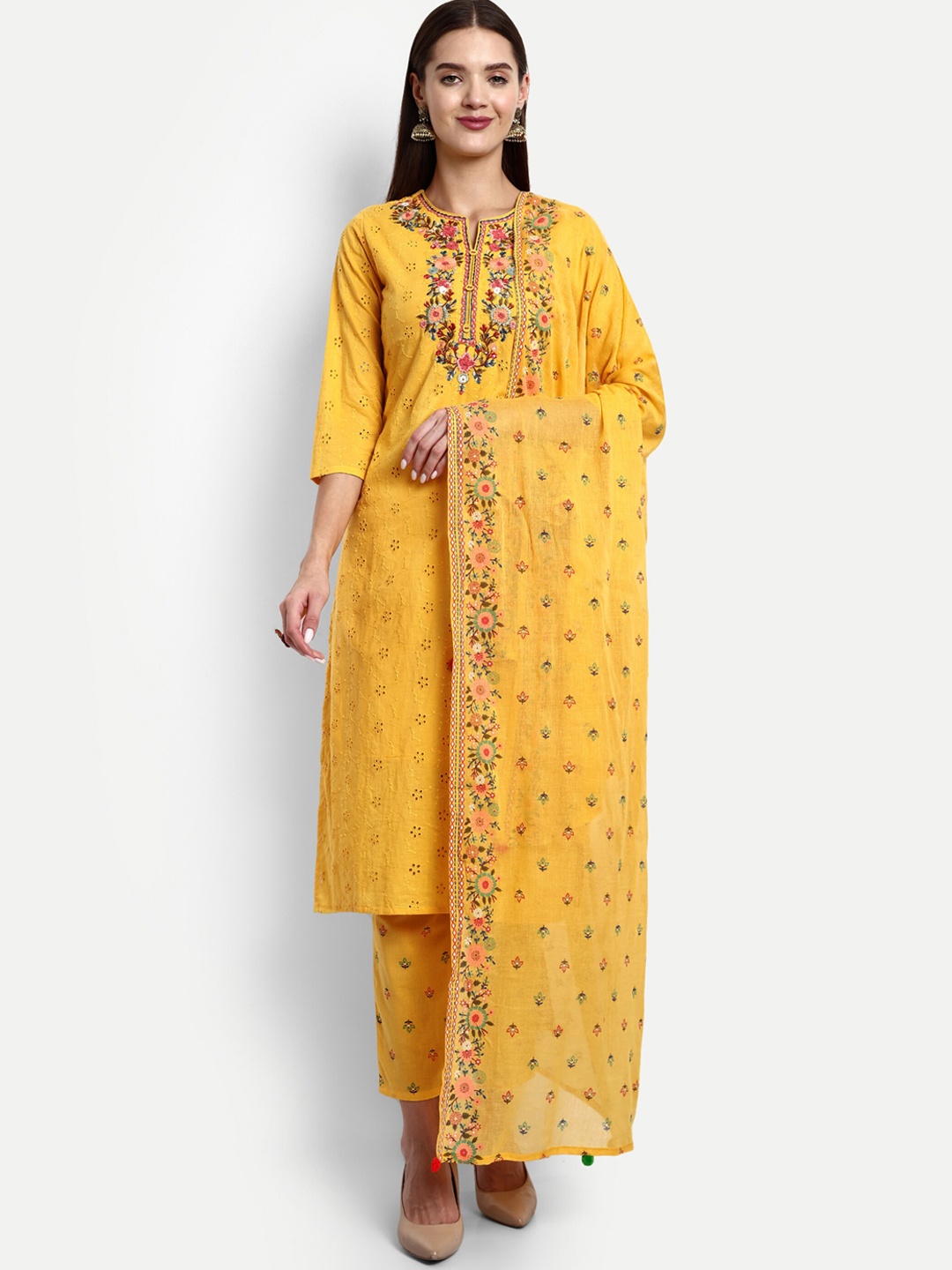 

KAVITA GUPTA Floral Yoke Design Pure Cotton Straight Kurta with Trouser & Dupatta, Yellow