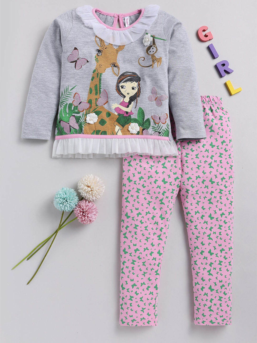 

Toonyport Girls Graphic Printed Pure Cotton Top With Trousers, Grey