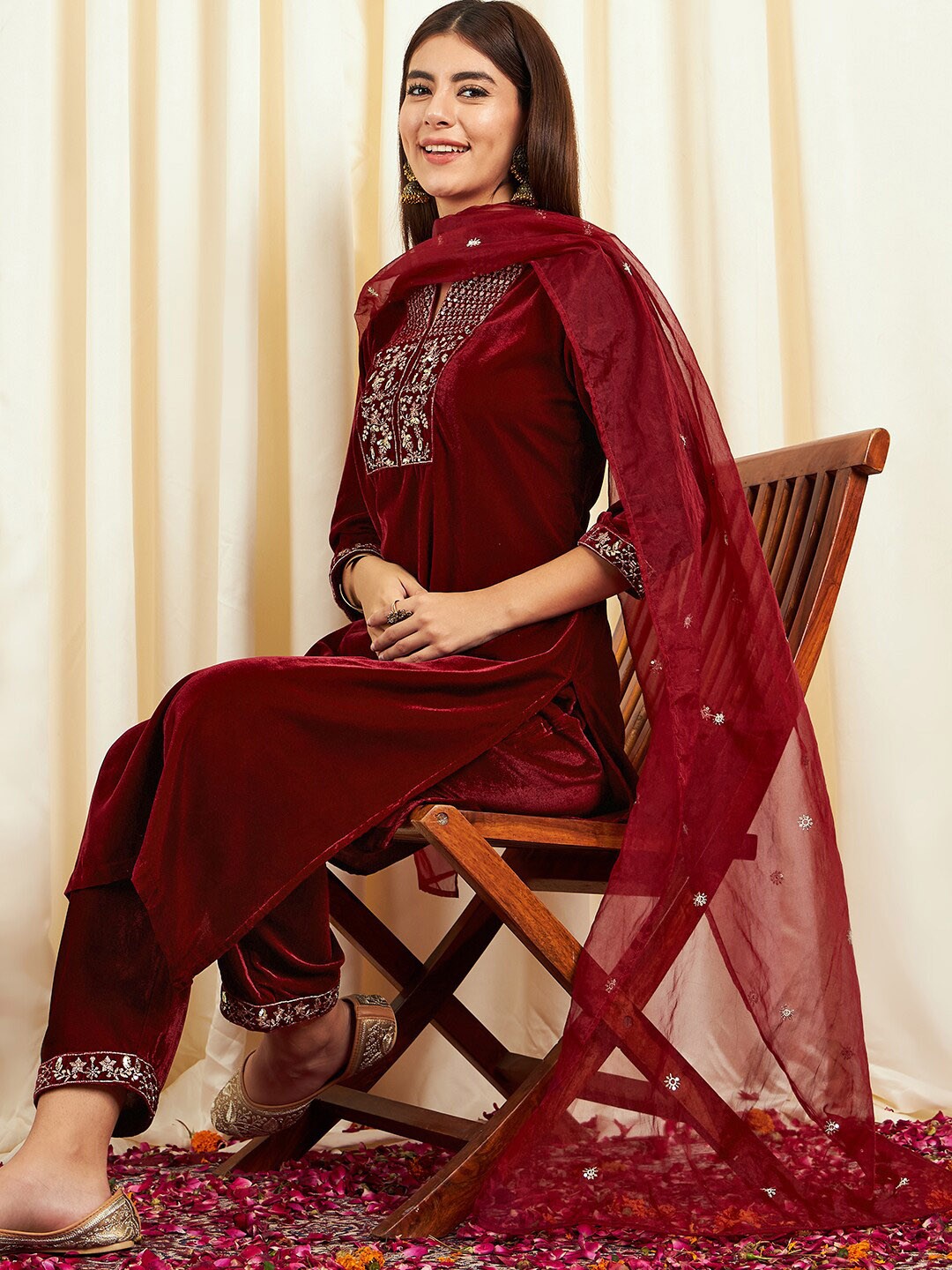 

Sangria Maroon Ethnic Embroidered Regular Velvet Sequinned Kurta With Trouser & Dupatta