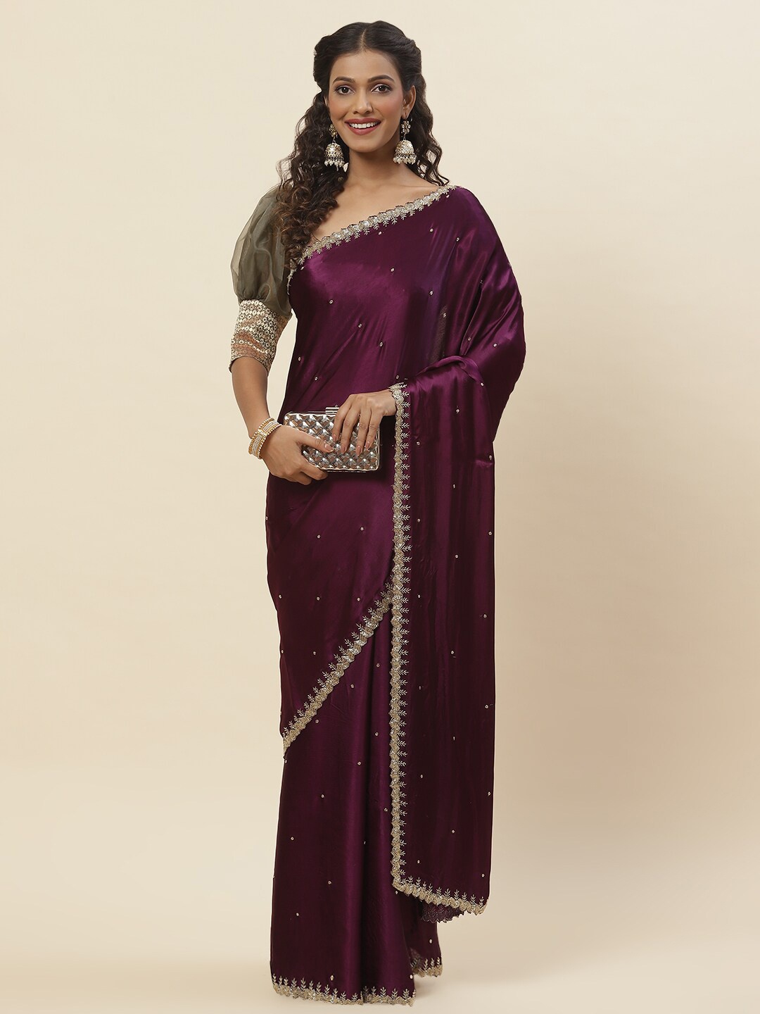 

Meena Bazaar Embellished Embroidered Saree, Purple