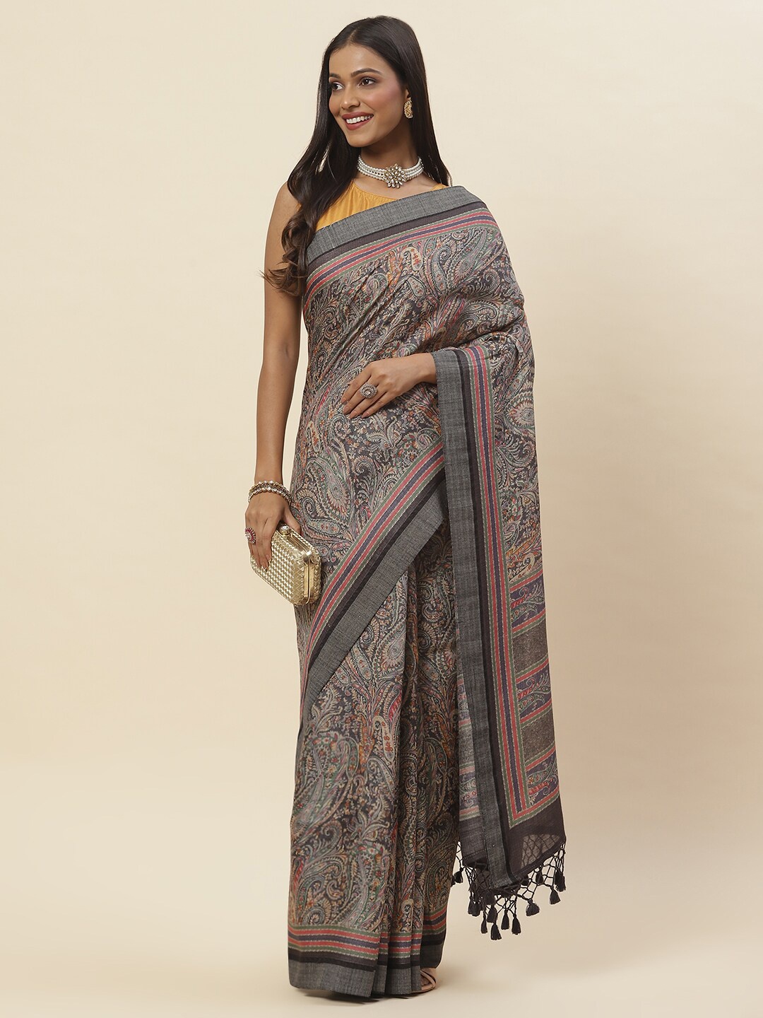 

Meena Bazaar Ethnic motifs Printed Zari Art Silk Tussar Saree, Grey