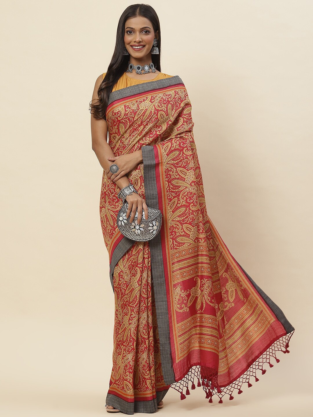 

Meena Bazaar Ethnic Motifs Printed Tussar Saree, Magenta