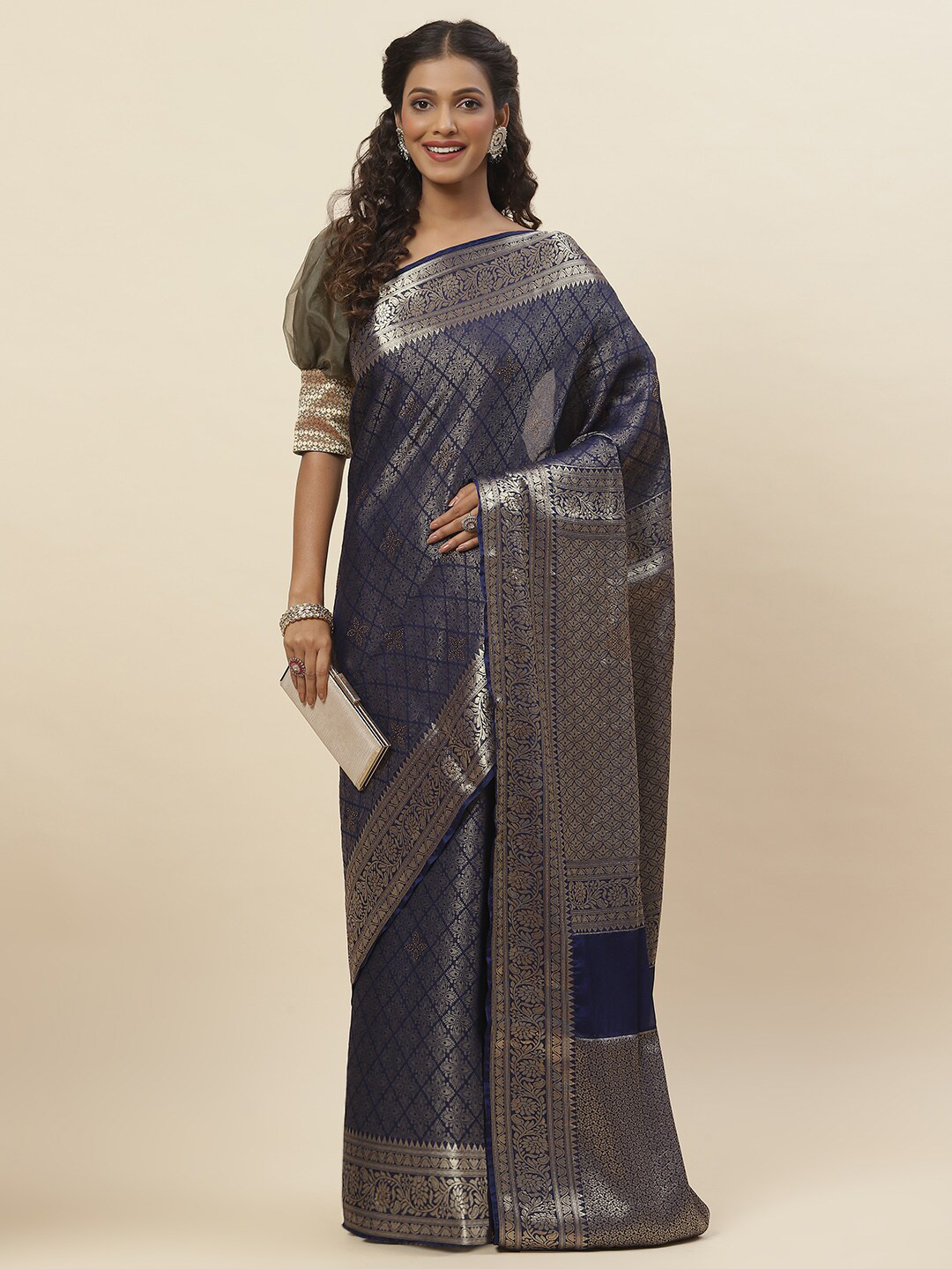 

Meena Bazaar Ethnic Motifs Woven Design Zari Saree, Navy blue