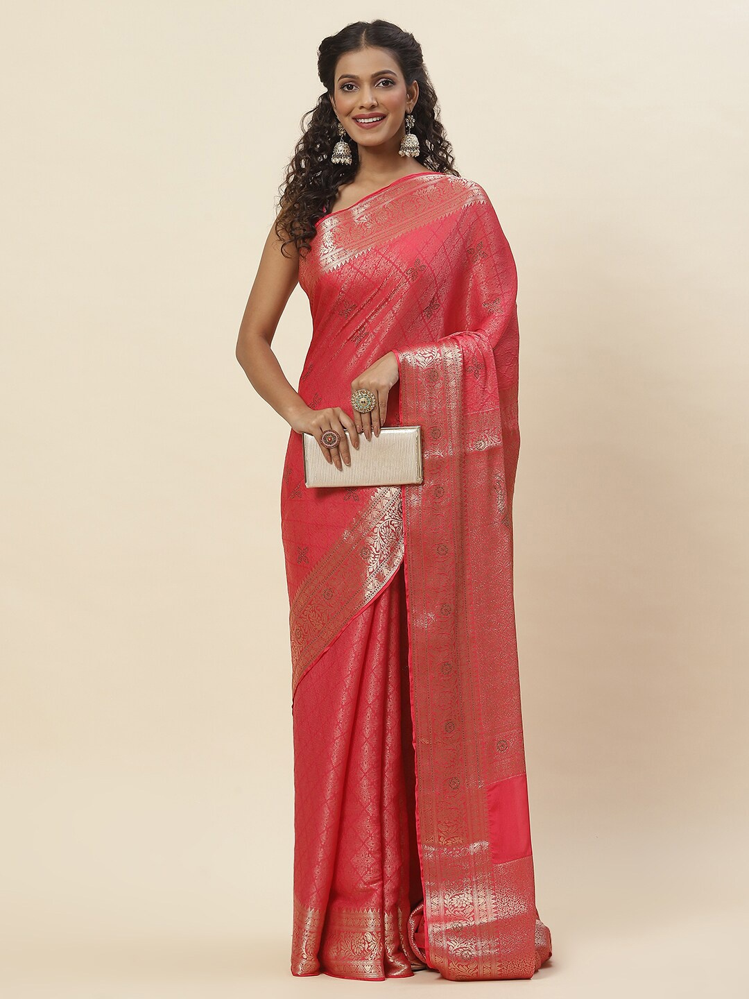 

Meena Bazaar Woven Design Zari Georgette Saree, Pink