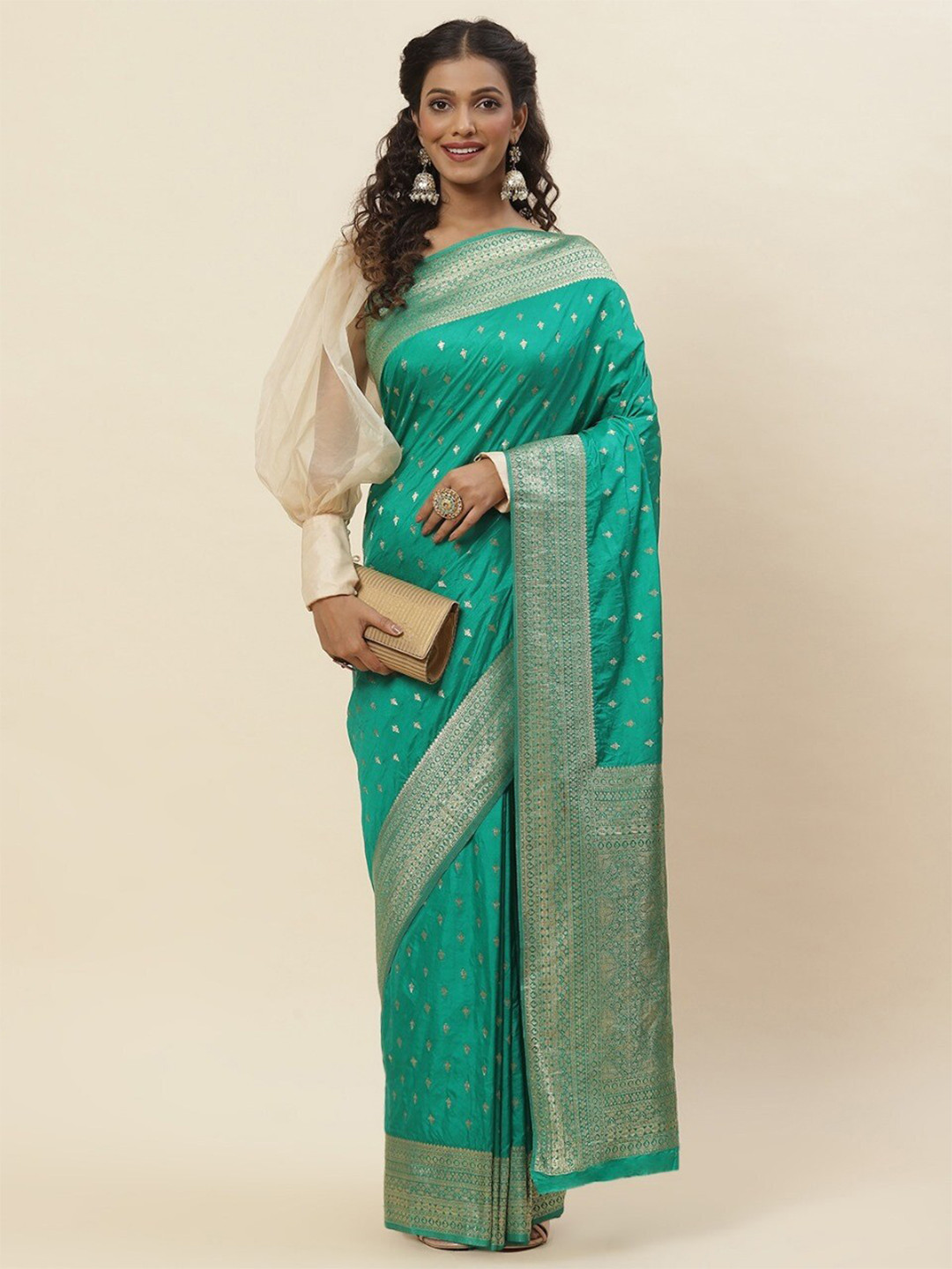 

Meena Bazaar Ethnic Motifs Woven Design Zari Saree, Green