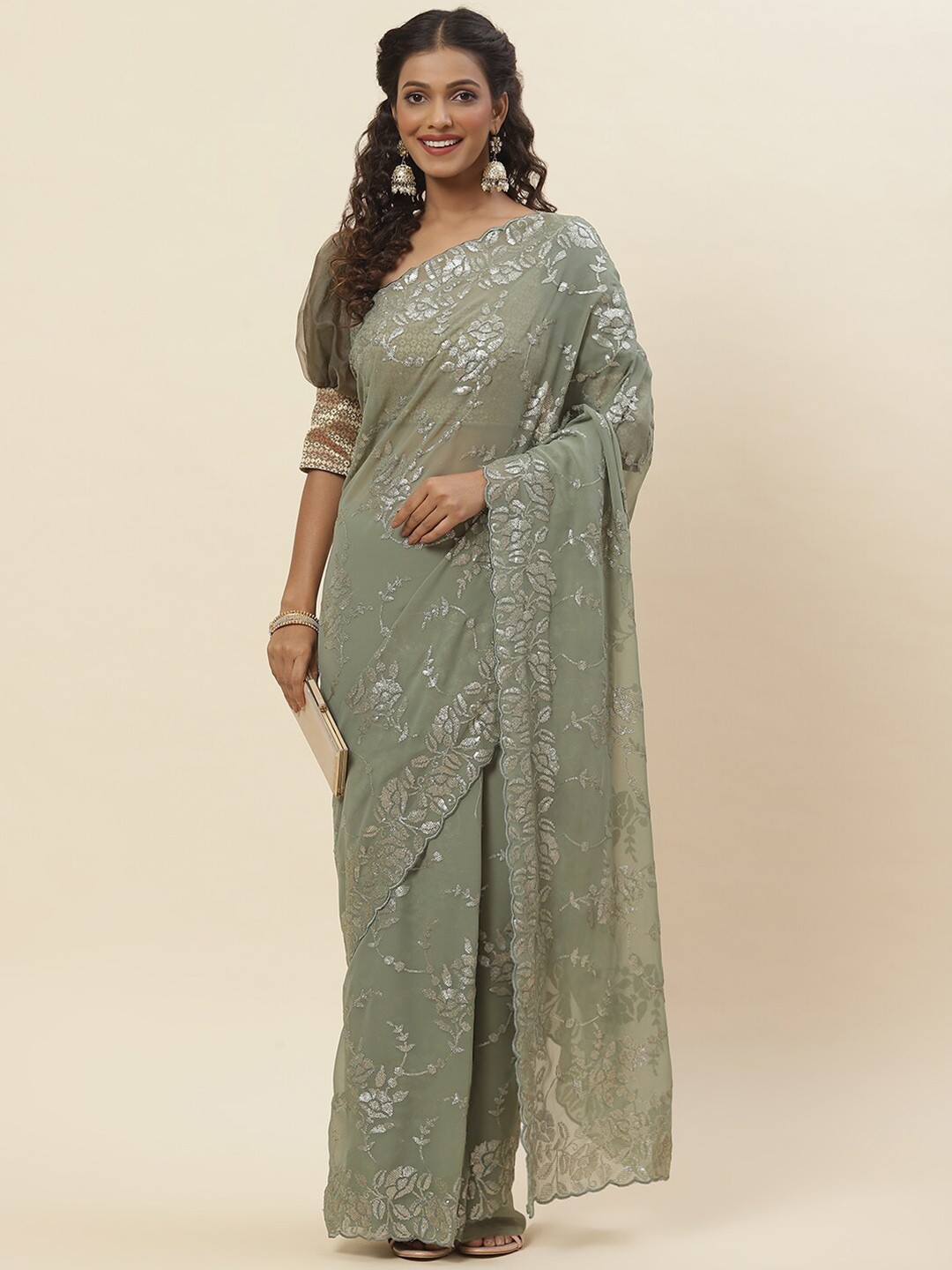 

Meena Bazaar Floral Sequinned Georgette Saree, Green